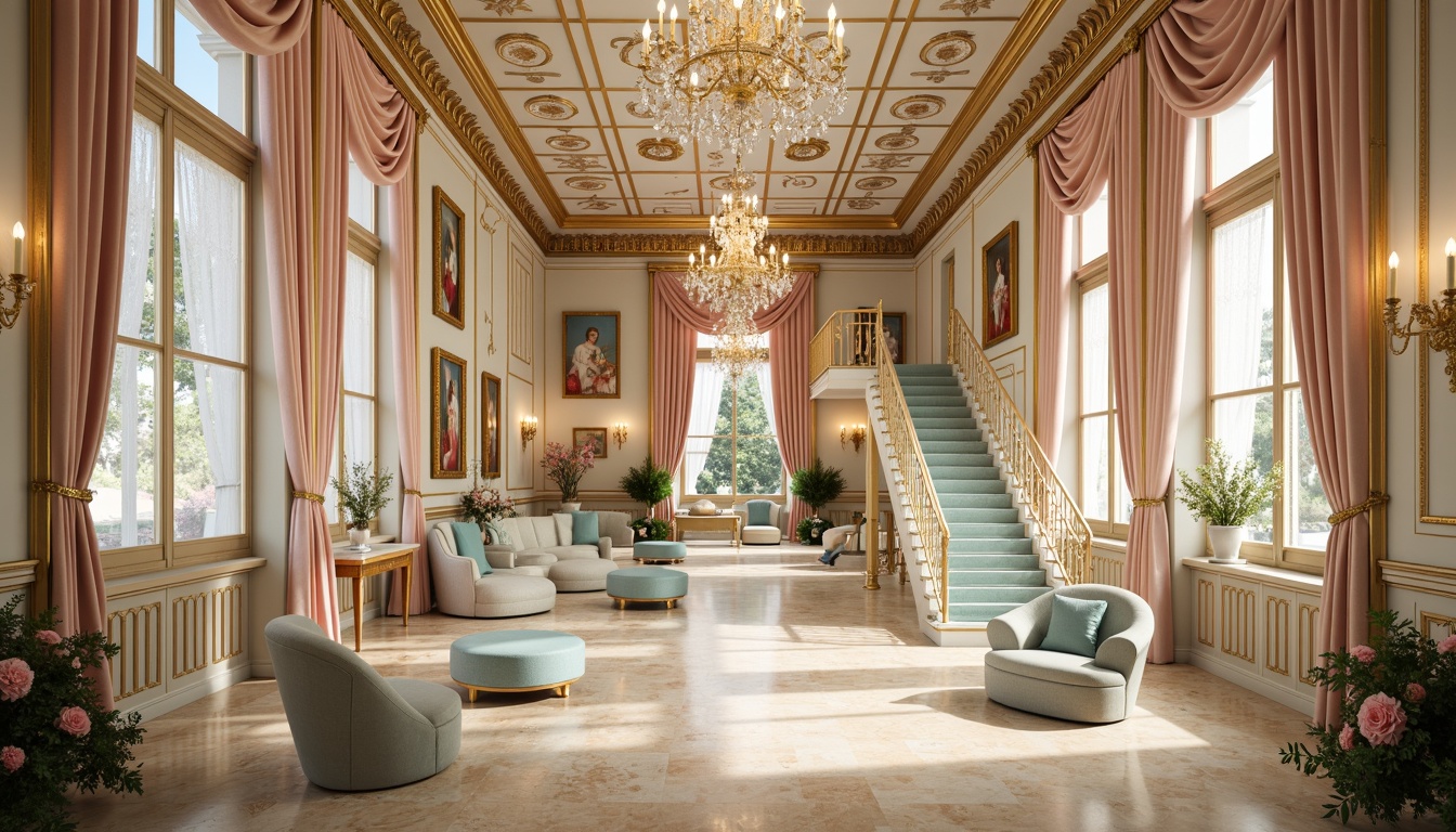 Prompt: Luxurious Rococo palace, ornate gold accents, soft cream walls, rich velvet drapes, lavish crystal chandeliers, delicate lace patterns, pastel pink hues, powdery blue tones, muted turquoise accents, warm beige marble floors, intricate wood carvings, opulent furnishings, dramatic coved ceilings, grandiose staircases, ornate mirrors, delicate florals, soft candlelight, warm golden lighting, shallow depth of field, 1/1 composition, realistic textures, ambient occlusion.