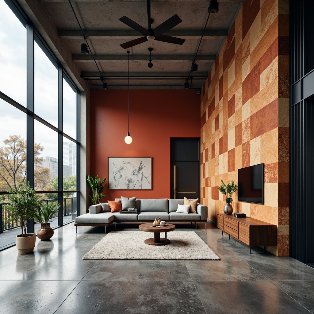 Prompt: Textured accent walls, bold geometric patterns, contrasting colors, modern minimalist interior, sleek low-profile furniture, polished concrete floors, industrial chic decor, urban loft ambiance, dramatic floor-to-ceiling windows, natural daylight, softbox lighting, shallow depth of field, 2/3 composition, realistic textures, ambient occlusion.