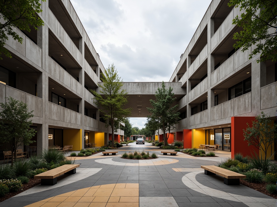 Prompt: Rugged middle school courtyard, brutalist architecture, raw concrete walls, industrial metal beams, minimalist decor, bold colorful accents, geometric patterned flooring, sturdy wooden benches, modern LED lighting, exposed ductwork, urban landscape, cloudy day, dramatic shading, high contrast ratio, 1/1 composition, symmetrical framing, realistic material textures, ambient occlusion.