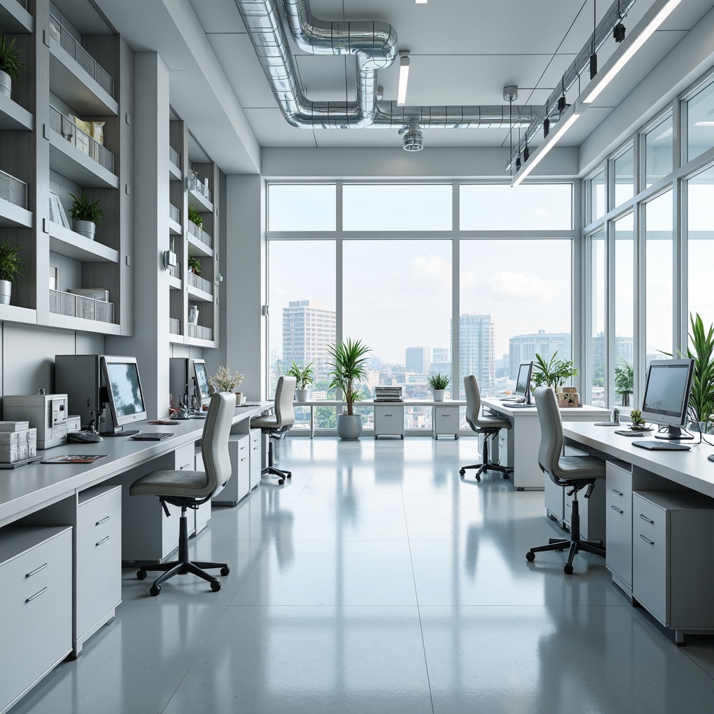 Prompt: Futuristic laboratory setting, sleek polycarbonate workstations, modern minimalist decor, high-tech equipment, futuristic lighting systems, metallic accents, modular shelving units, advanced ventilation systems, ergonomic seating, transparent glass partitions, bright white color scheme, 1/1 composition, realistic reflections, ambient occlusion.