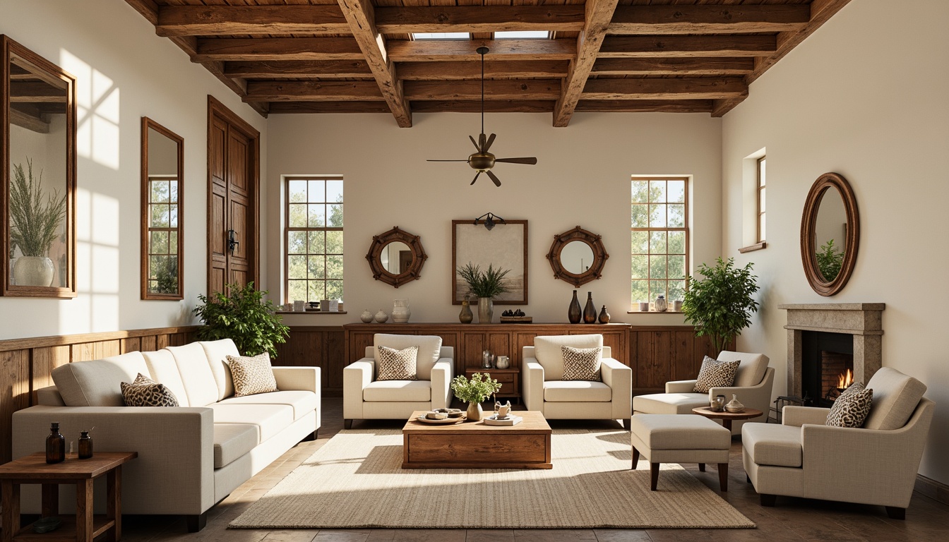 Prompt: Rustic farmhouse interior, vintage art deco accents, warm earthy tones, soft creamy whites, weathered wooden beams, distressed metal fixtures, elegant geometric patterns, ornate mirror frames, rich velvety fabrics, natural linen textiles, soft warm lighting, 1/1 composition, shallow depth of field, realistic textures, ambient occlusion.