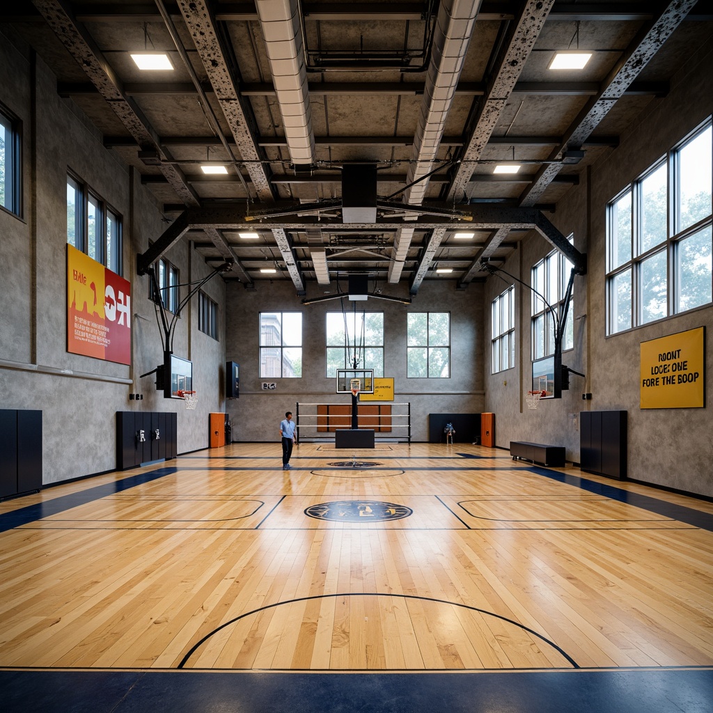 Prompt: Inspiring gymnasium interior, polished wood flooring, painted concrete walls, exposed steel beams, metallic accents, motivational quotes, athletic equipment, basketball hoops, volleyball nets, scoreboards, LED lighting, suspended ceilings, sound-absorbing panels, durable rubber flooring, bold color schemes, modern minimalist design, high-contrast textures, dramatic shadows, 1/2 composition, low-angle shot, realistic renderings, ambient occlusion.