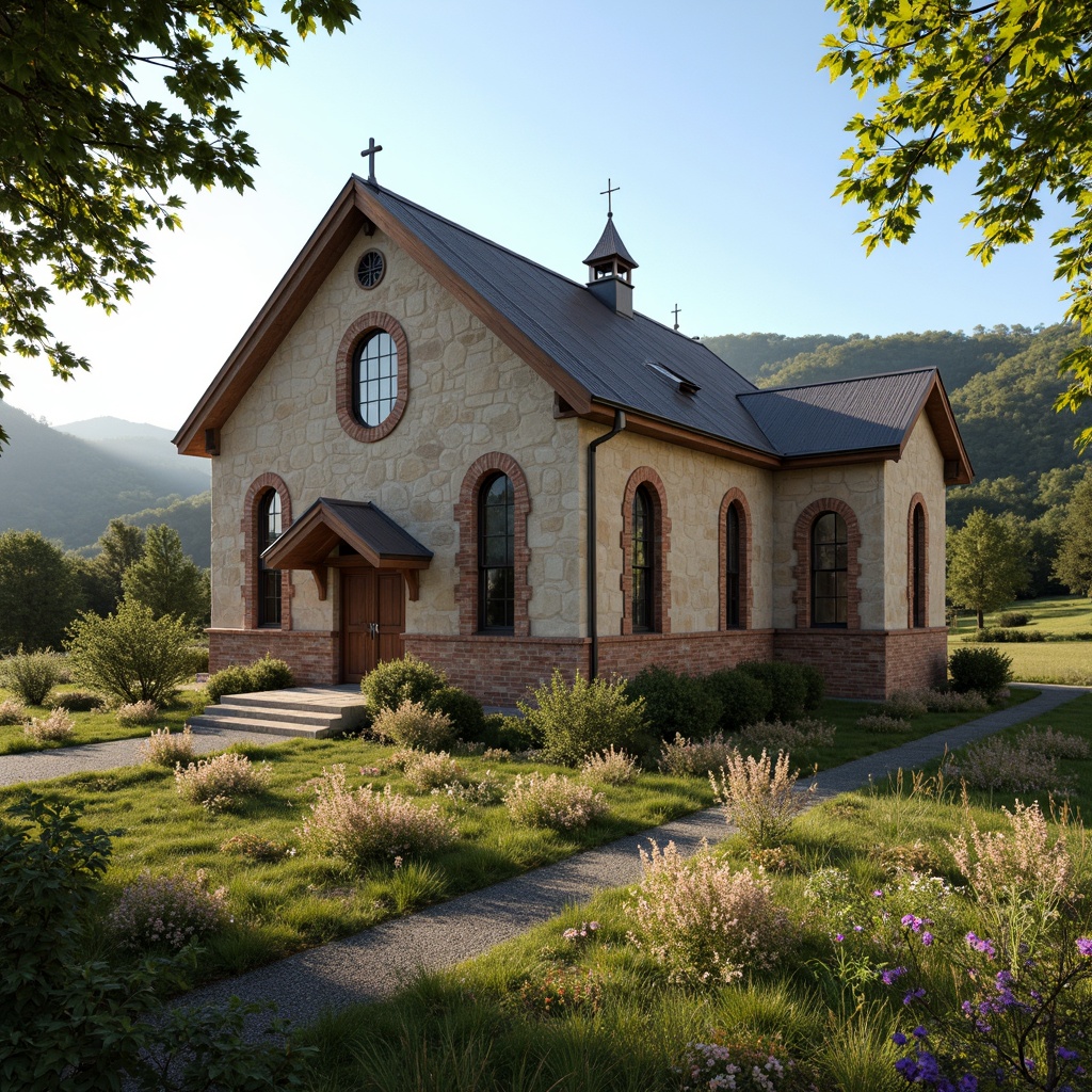 Prompt: Rustic farmhouse-style chapel, weathered stone fa\u00e7ade, textured walls with exposed brick, wooden accents, rustic metal roofing, natural earthy tones, vintage religious symbols, stained glass windows, dim warm lighting, cozy atmosphere, rural landscape, rolling hills, lush greenery, blooming wildflowers, sunny afternoon, soft focus, 1/1 composition, realistic textures, ambient occlusion.