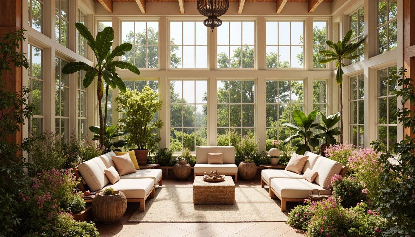 Prompt: Vibrant sunroom, bright natural light, warm earthy tones, soothing pastel shades, lush greenery, blooming flowers, comfortable seating areas, wooden accents, rattan furniture, woven textiles, soft cushions, calming ambiance, serene atmosphere, airy feel, 3/4 composition, panoramic view, realistic textures, ambient occlusion.