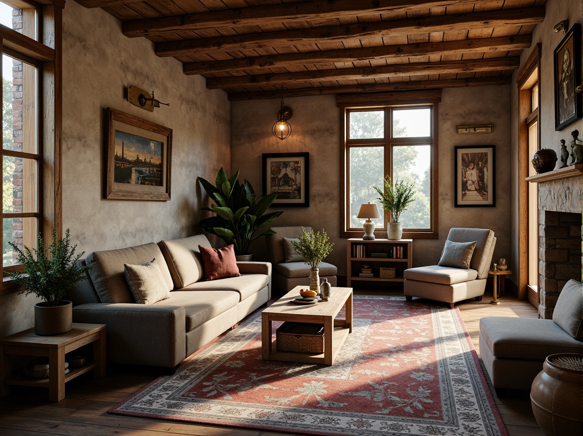 Prompt: Rustic farmhouse, Art Deco accents, warm earthy tones, rich wood textures, vintage metal fixtures, distressed finishes, natural stone walls, cozy nooks, plush velvet fabrics, ornate geometric patterns, bold black lines, creamy whites, soft blues, muted greens, warm golden lighting, dramatic shadows, 3/4 composition, atmospheric perspective, realistic reflections.