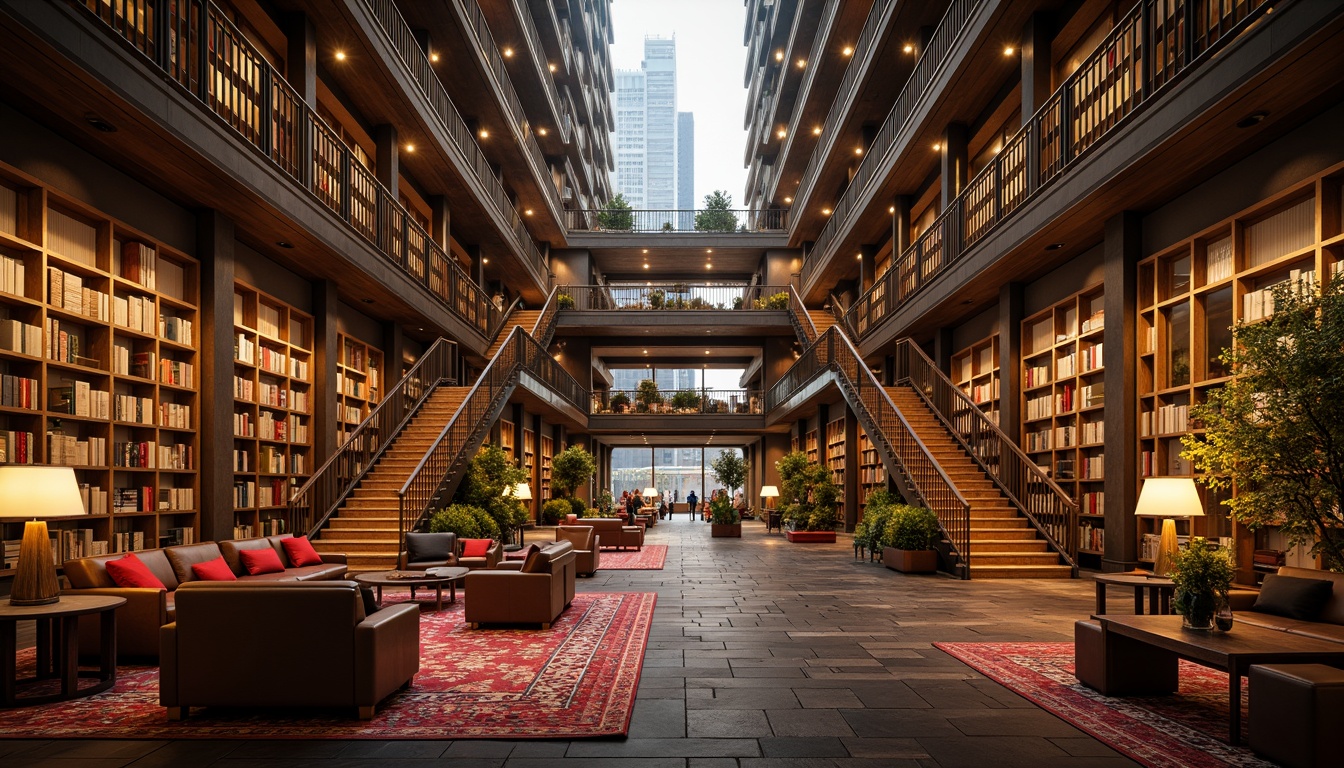 Prompt: Dramatic library interior, expressive architectural lines, grand staircases, sweeping arches, ornate metalwork, warm golden lighting, table lamps, floor lamps, cozy reading nooks, comfortable seating areas, rich wood tones, plush carpets, vibrant accent colors, geometric patterns, abstract textures, softbox lights, diffused natural light, high ceilings, large windows, urban cityscape views, misty morning atmosphere, cinematic composition, deep depth of field.