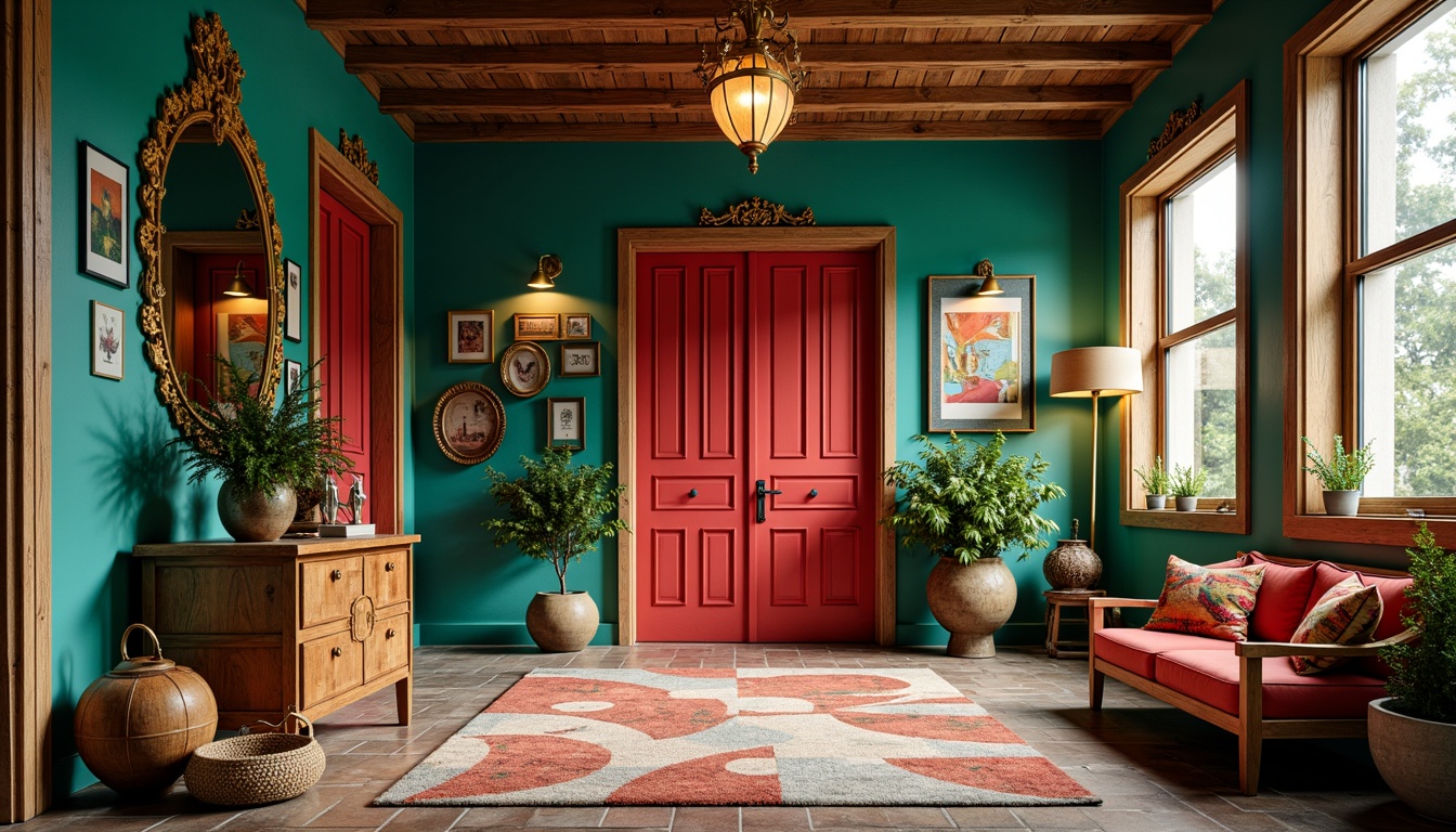 Prompt: Vibrant eclectic entrance, bold turquoise walls, rich wood accents, warm golden lighting, abstract artwork, mixed metal fixtures, ornate mirrors, plush area rugs, eclectic furniture pieces, natural stone floors, bold red doors, whimsical decor, distressed finishes, bohemian-inspired textiles, lush greenery, soft warm glow, shallow depth of field, 1/1 composition, realistic textures.