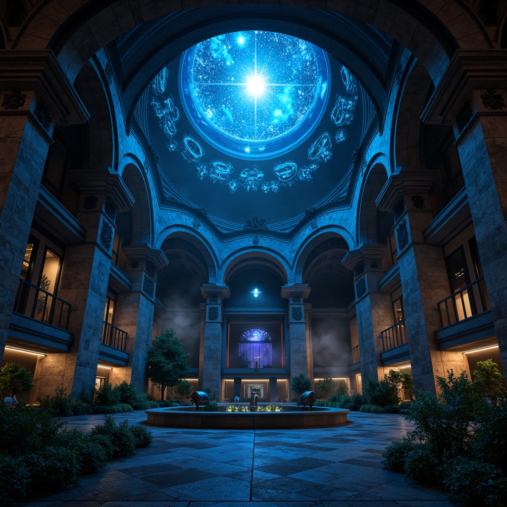 Prompt: Ethereal planetarium dome, starry night sky, mysterious dark blues, rich velvety blacks, metallic silvers, glowing neon accents, ornate gothic arches, intricate stone carvings, mystical celestial patterns, subtle ambient lighting, misty atmospheric effects, eerie shadows, 3/4 composition, cinematic framing, realistic textures, dramatic depth of field.