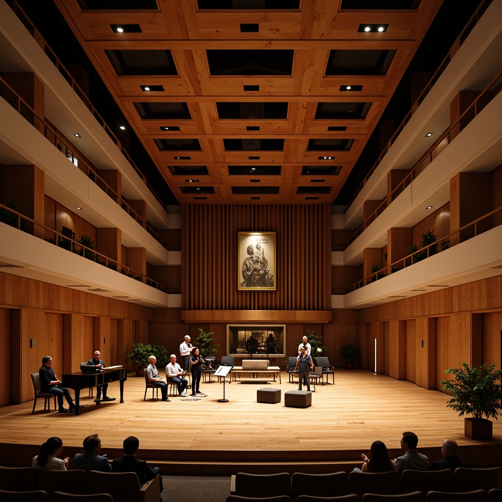 Prompt: Elegant concert hall, high ceilings, wooden floors, soundproofing materials, acoustic panels, diffusers, absorbers, resonant frequency management, optimal speaker placement, detailed sound wave analysis, precise echo reduction, warm ambient lighting, comfortable seating, sophisticated audio equipment, digital signal processing, real-time feedback monitoring, 1/2 composition, soft focus blur, cinematic lighting, realistic textures, subtle animations.