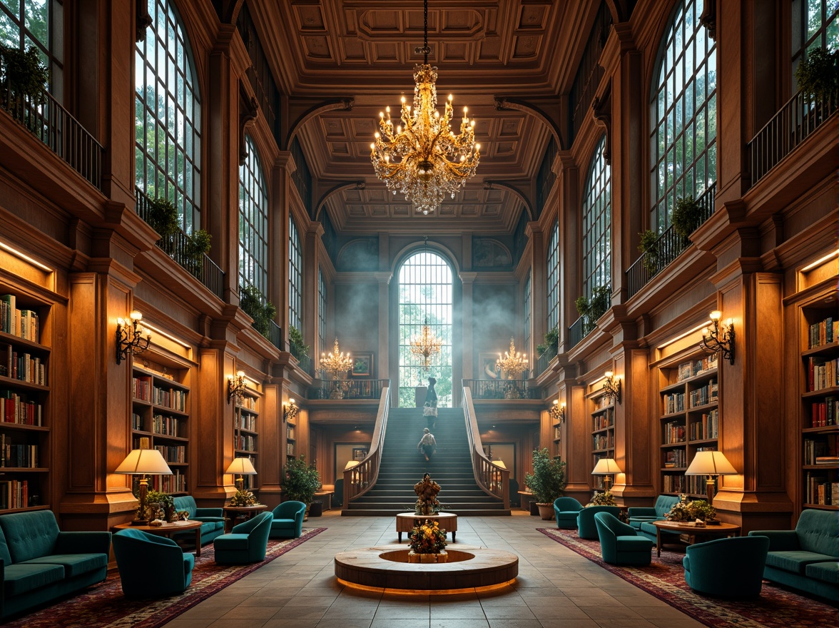 Prompt: Grandiose library interior, sweeping archways, ornate columns, lavish chandeliers, rich wood paneling, intricate moldings, vibrant turquoise accents, plush velvet furniture, sprawling reading areas, majestic staircases, floor-to-ceiling bookshelves, warm golden lighting, soft shadows, atmospheric fog effect, shallow depth of field, 2/3 composition, dramatic low-angle shot, highly detailed textures, ambient occlusion.