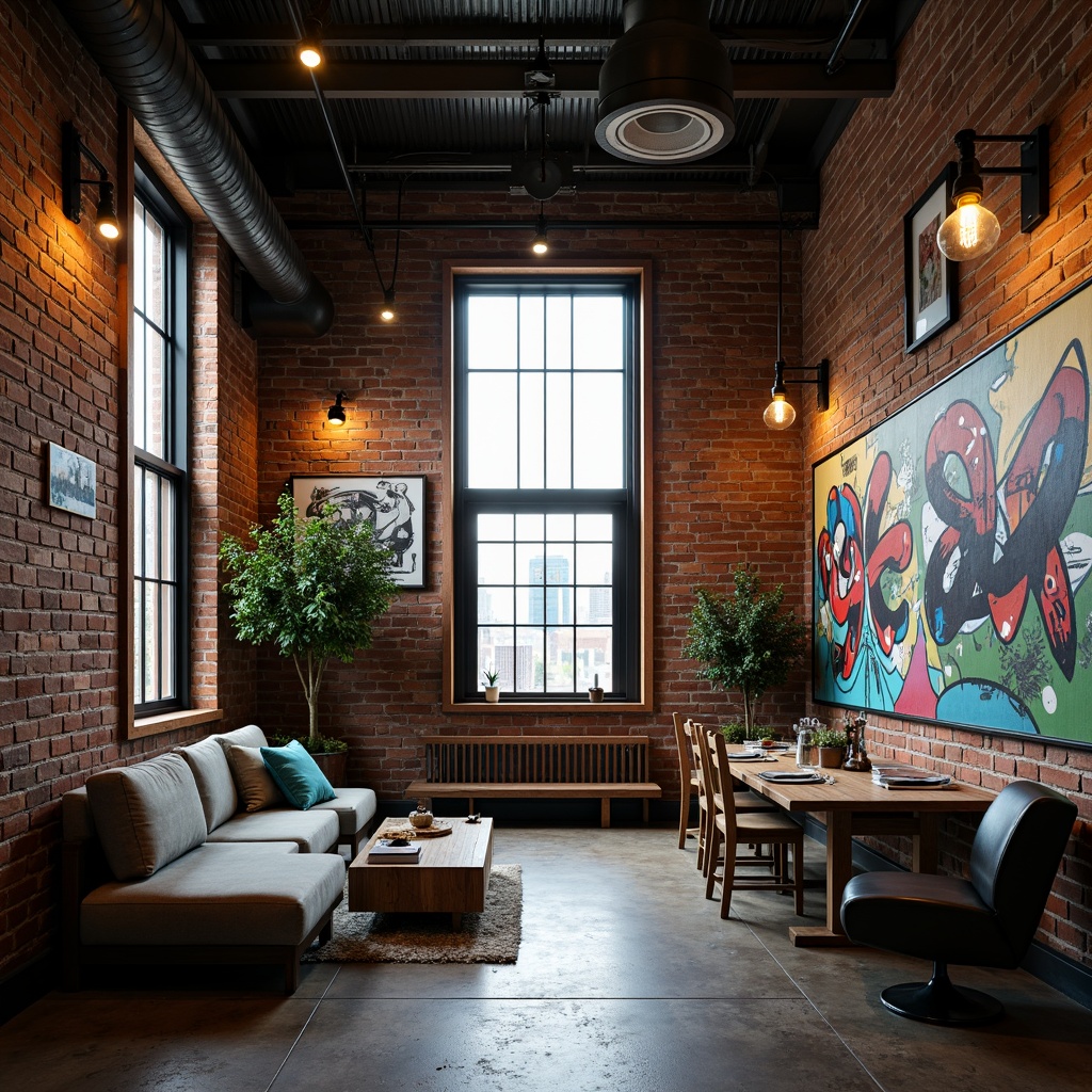 Prompt: Exposed brick walls, industrial metal beams, concrete flooring, urban graffiti, vintage factory windows, reclaimed wood accents, modern minimalist furniture, bold colorful murals, eclectic decorative lighting, distressed finishes, abstract geometric patterns, edgy urban vibes, moody atmospheric lighting, shallow depth of field, 1/2 composition, cinematic perspective.