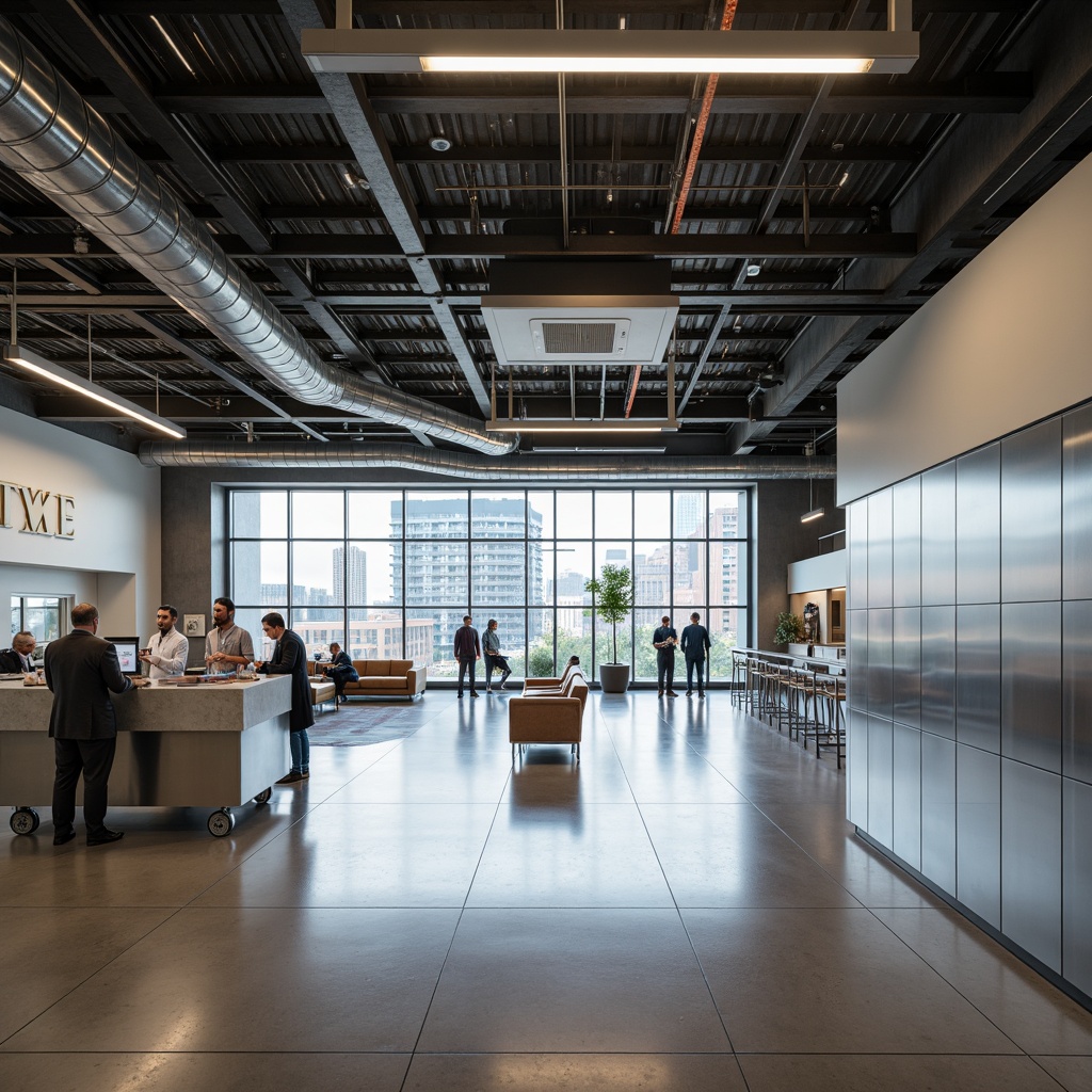 Prompt: Industrial-style hospital interior, exposed ductwork, metal beams, polished concrete floors, minimalist decor, functional lighting, LED strips, overhead track lights, suspended linear fixtures, warm white color temperature, high ceilings, large windows, natural light pouring in, urban cityscape views, bustling medical staff, stainless steel equipment, modular furniture, bold typography, wayfinding signage, soft shadows, subtle ambient occlusion, 1/1 composition, realistic materials.