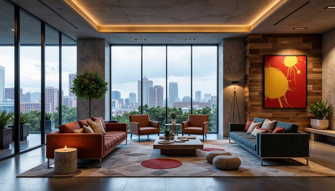 Prompt: Minimalist living room, sleek low-profile furniture, polished chrome legs, tufted velvet sofas, geometric patterned rugs, ambient floor lamps, floor-to-ceiling windows, urban cityscape views, industrial-chic concrete walls, reclaimed wood accent walls, modern minimalist decor, bold colorful artwork, LED strip lighting, cozy throw blankets, plush pillows, natural stone coffee tables, sculptural wooden chairs, 1/1 composition, warm softbox lighting, shallow depth of field.