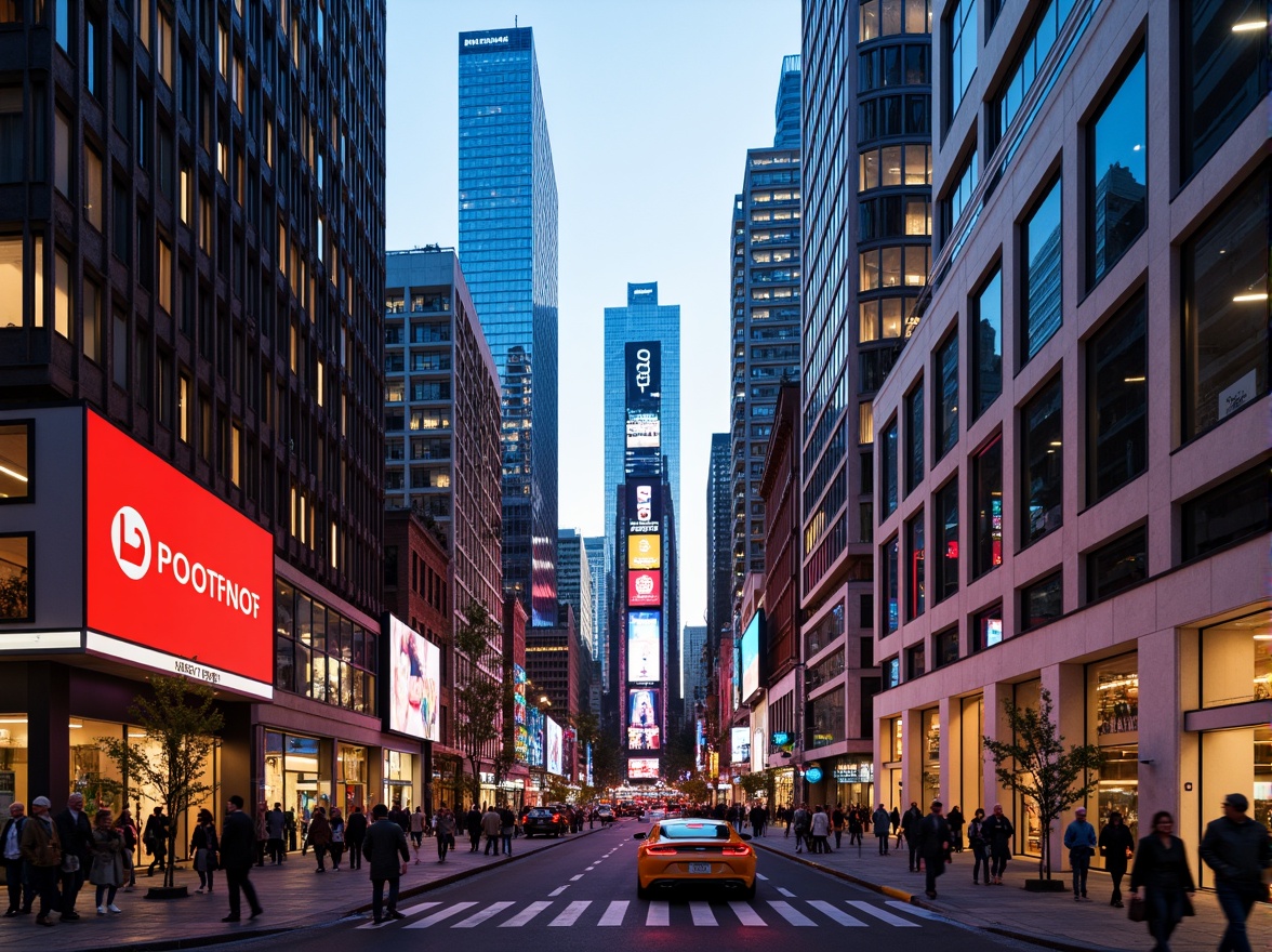 Prompt: Vibrant cityscape, modern skyscrapers, neon lights, bustling streets, pedestrian crowds, urban textures, metallic reflections, angular architecture, dynamic composition, leading lines, framing elements, warm color palette, high contrast ratios, shallow depth of field, 1/2 composition, dramatic lighting, realistic atmospheric effects.