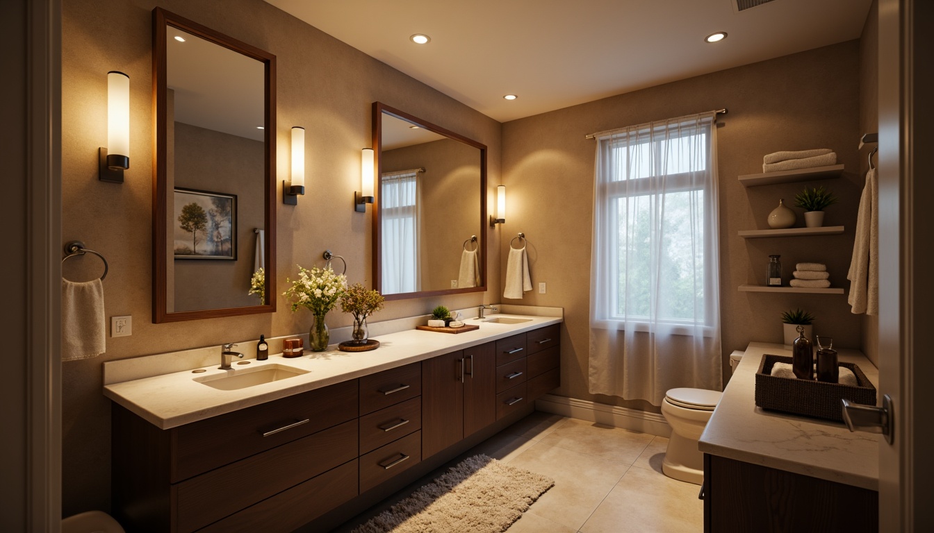 Prompt: Compact powder room, luxurious finishes, soft warm lighting, elegant mirrors, marble countertops, sleek cabinetry, modern faucets, decorative accessories, plush area rug, calming color scheme, intimate atmosphere, subtle texture contrast, shallow depth of field, 1/1 composition, realistic reflections, ambient occlusion.