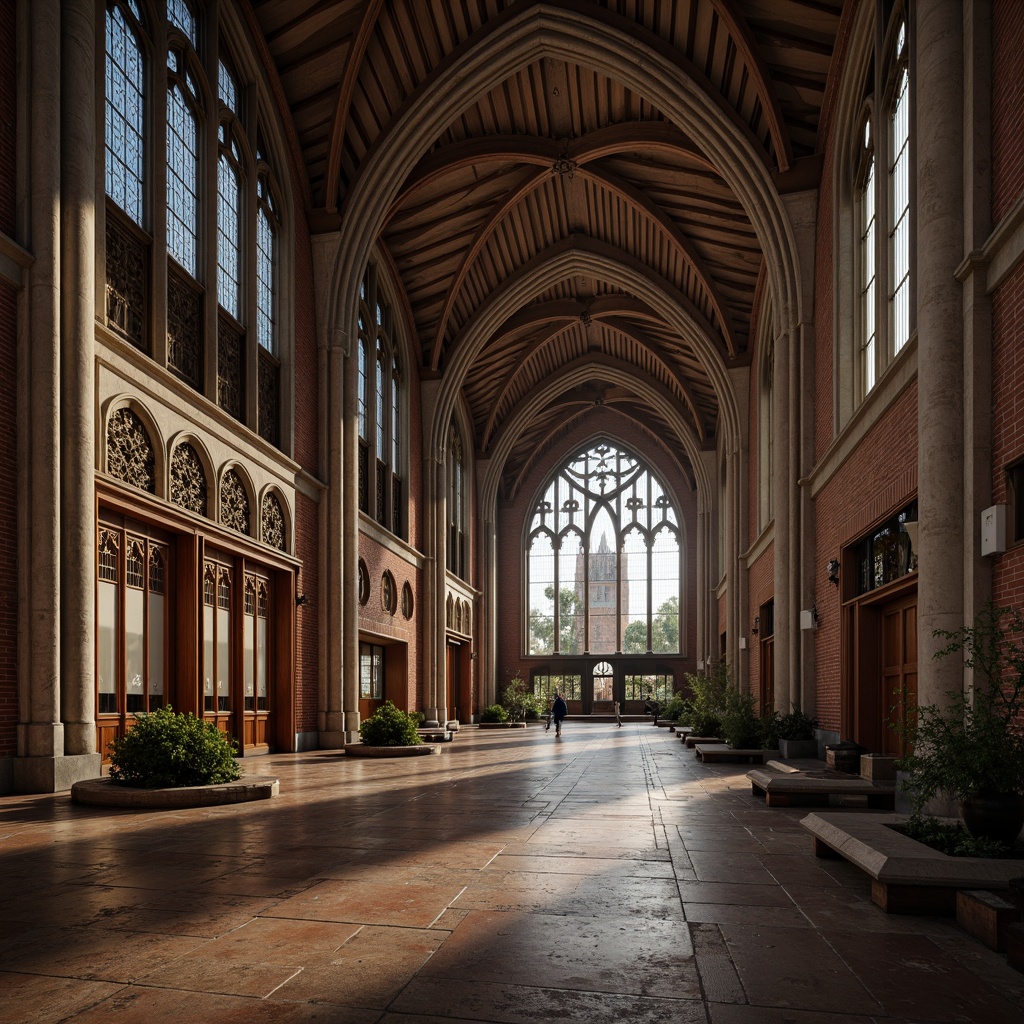 Prompt: Intricate archways, pointed ribbed vaults, flying buttresses, grand entrance halls, ornate stone carvings, stained glass windows, majestic towers, Gothic spires, rustic brick textures, weathered stone walls, mystical atmosphere, soft warm lighting, shallow depth of field, 3/4 composition, panoramic view, realistic textures, ambient occlusion.Note