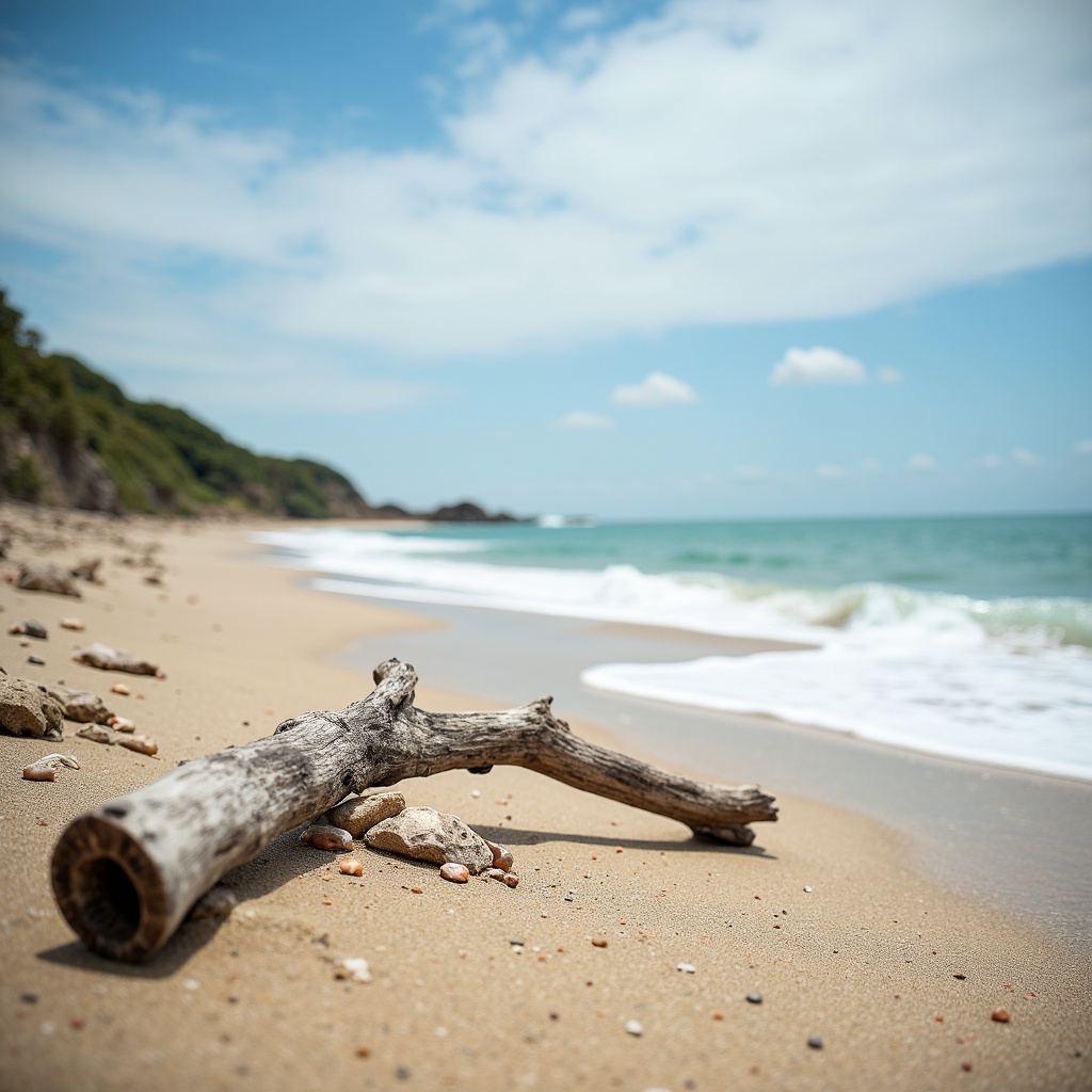 Prompt: Soft sandy beaches, calming ocean waves, serene blue skies, weathered driftwood, distressed finishes, natural textures, earthy tones, mossy greens, sea-salt sprays, coral pinks, shell whites, foamy creams, misty blues, warm sunny light, shallow depth of field, 1/1 composition, realistic rendering, ambient occlusion.