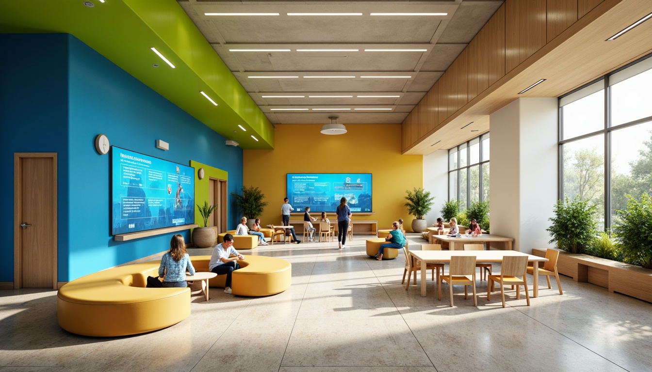 Prompt: Vibrant learning hub, dynamic color scheme, stimulating blue accents, warm beige tones, energetic green walls, interactive whiteboards, modern minimalist furniture, natural wood textures, abundant daylight, soft diffused lighting, shallow depth of field, 3/4 composition, panoramic view, realistic renderings, ambient occlusion.