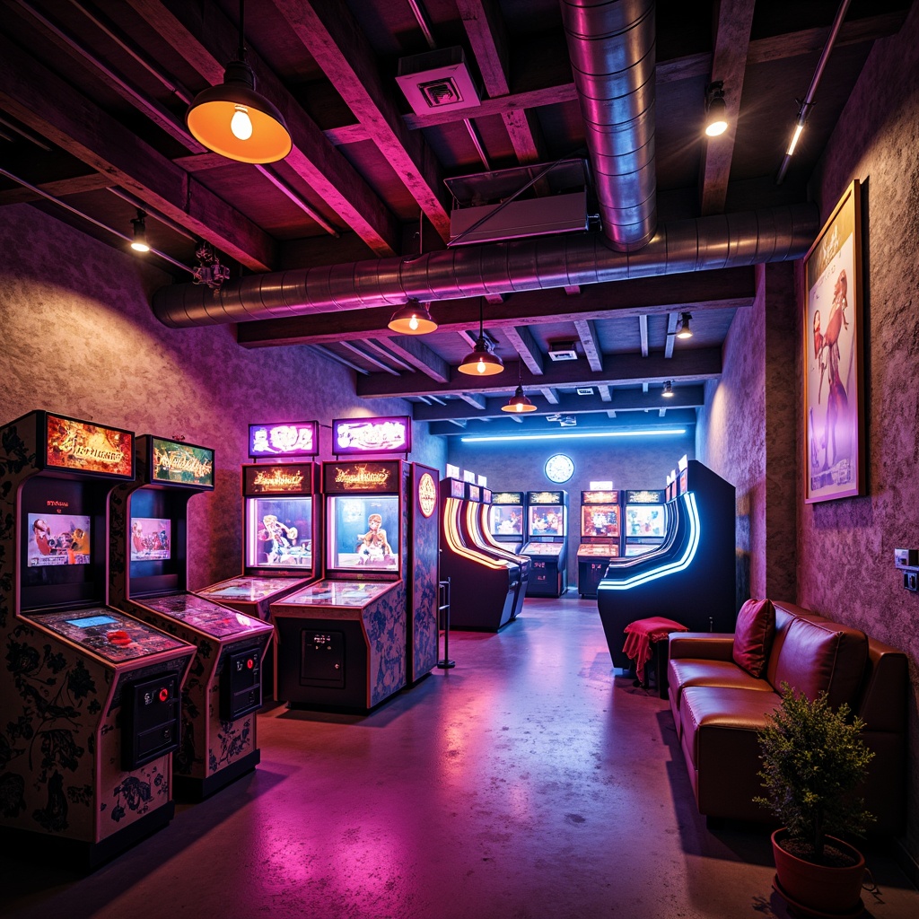 Prompt: Vibrant game room, neon-lit arcade machines, sleek LED strips, futuristic pendant lights, metallic accents, bold color schemes, high-contrast ambient lighting, dramatic spotlights, cozy corner sofas, rustic wooden decor, industrial metal beams, concrete flooring, urban loft atmosphere, atmospheric misting systems, cinematic 3/4 composition, shallow depth of field, warm golden hour lighting.