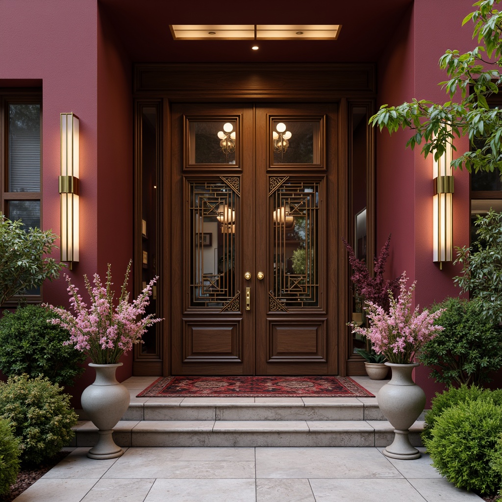 Prompt: Grand entrance, eclectic style, maroon exterior walls, ornate wooden doors, golden door handles, intricate metalwork, symmetrical fa\u00e7ade, vibrant greenery, blooming flowers, modern sconces, warm lighting, shallow depth of field, 1/1 composition, realistic textures, ambient occlusion, luxurious carpets, patterned rugs, decorative vases, elegant chandeliers, ornate mirrors, sophisticated furniture, refined decor.