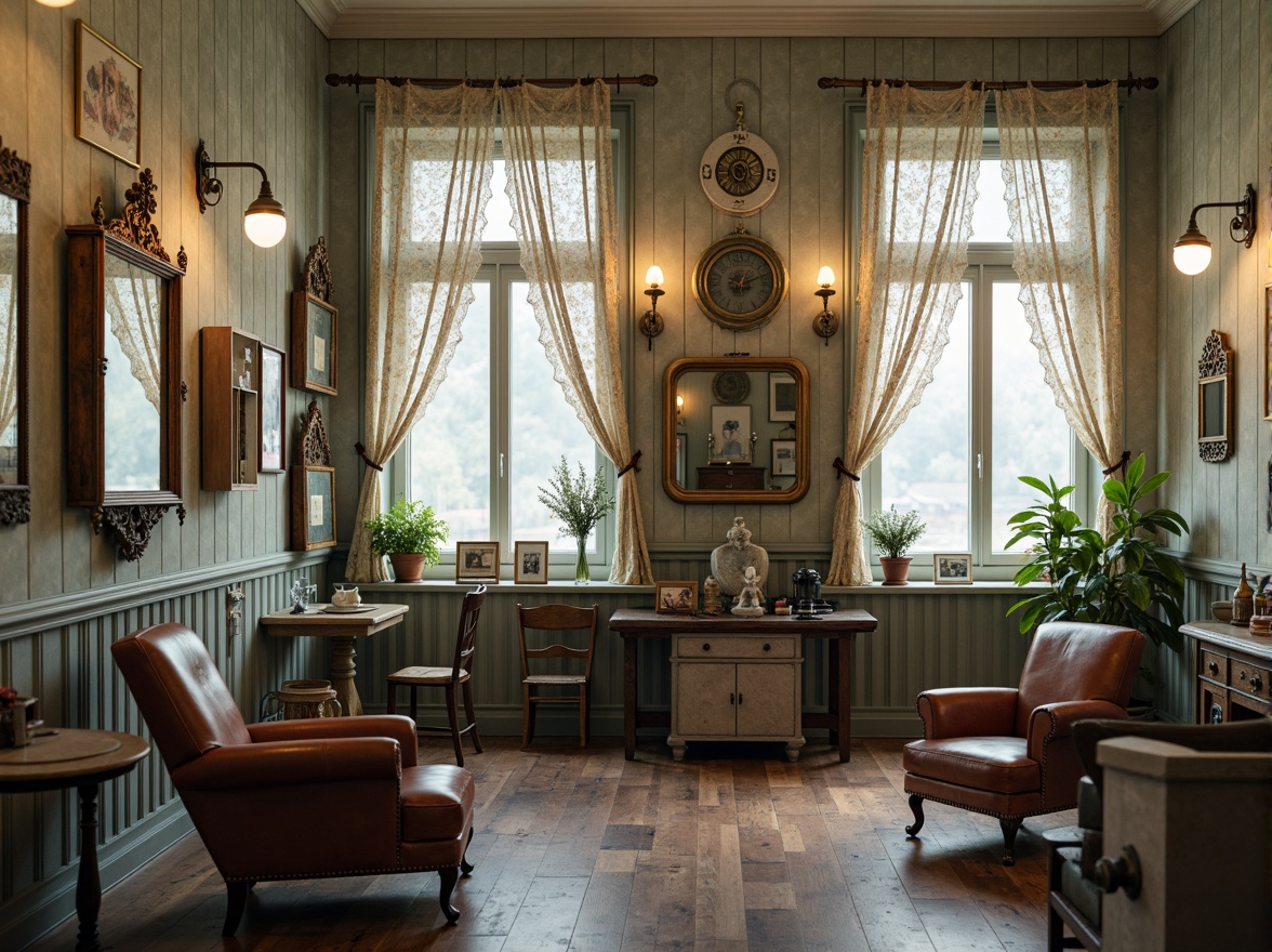 Prompt: Distressed wooden panels, soft pastel hues, vintage medical equipment, rustic metal fixtures, ornate mirrors, lace curtains, floral patterns, distressed finishes, worn leather armchairs, antique furniture pieces, decorative molding, warm candle lighting, 3/4 composition, shallow depth of field, realistic textures, ambient occlusion.