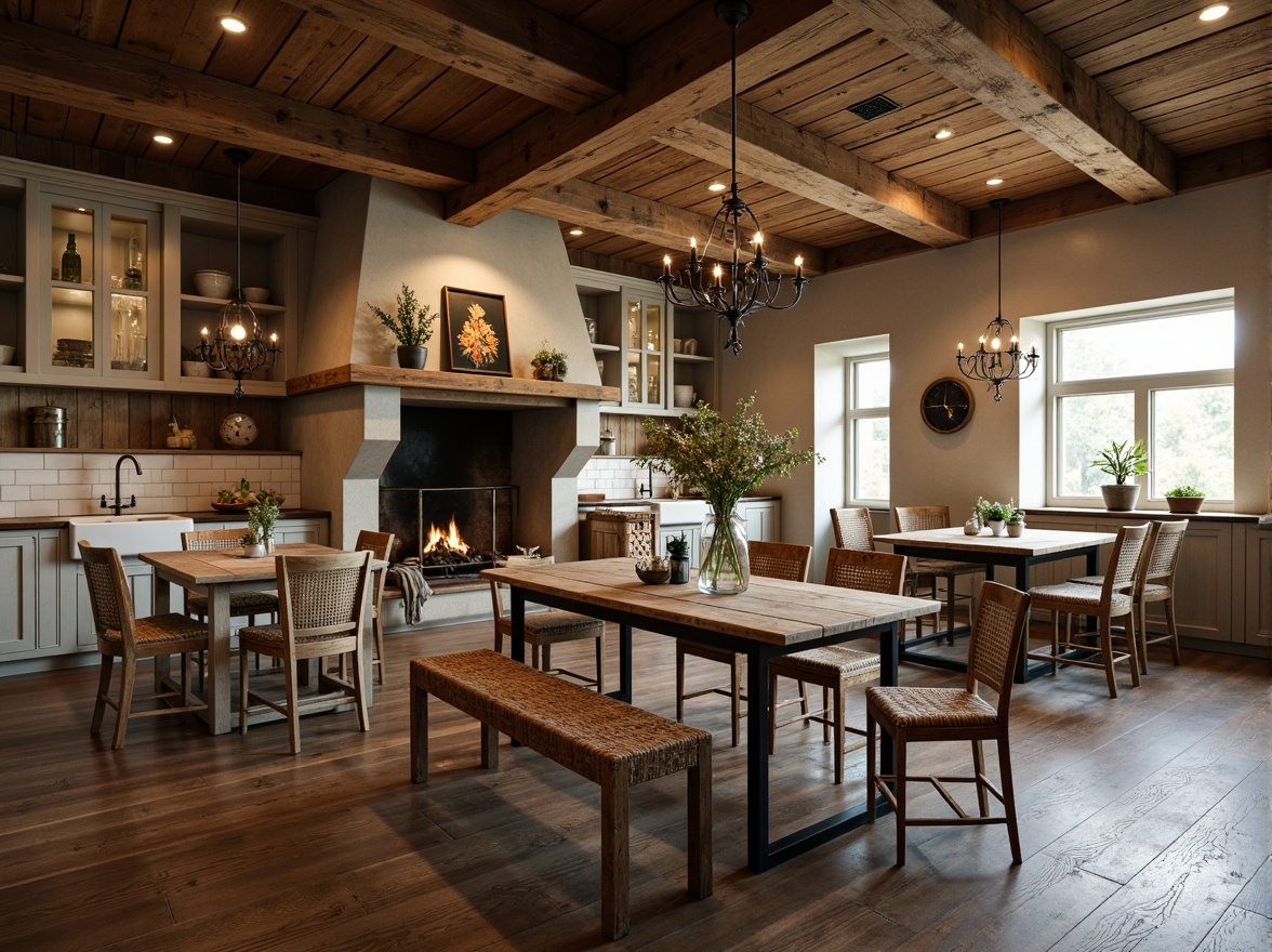 Prompt: Rustic farmhouse dining room, reclaimed wooden tables, vintage metal chairs, distressed wood benches, woven rattan seating, natural linen upholstery, earthy tone color palette, wooden flooring, exposed beams, stone fireplaces, pendant lighting fixtures, farmhouse sinks, traditional cabinets, antique decor items, warm cozy ambiance, soft warm lighting, shallow depth of field, 1/1 composition, realistic textures, ambient occlusion.