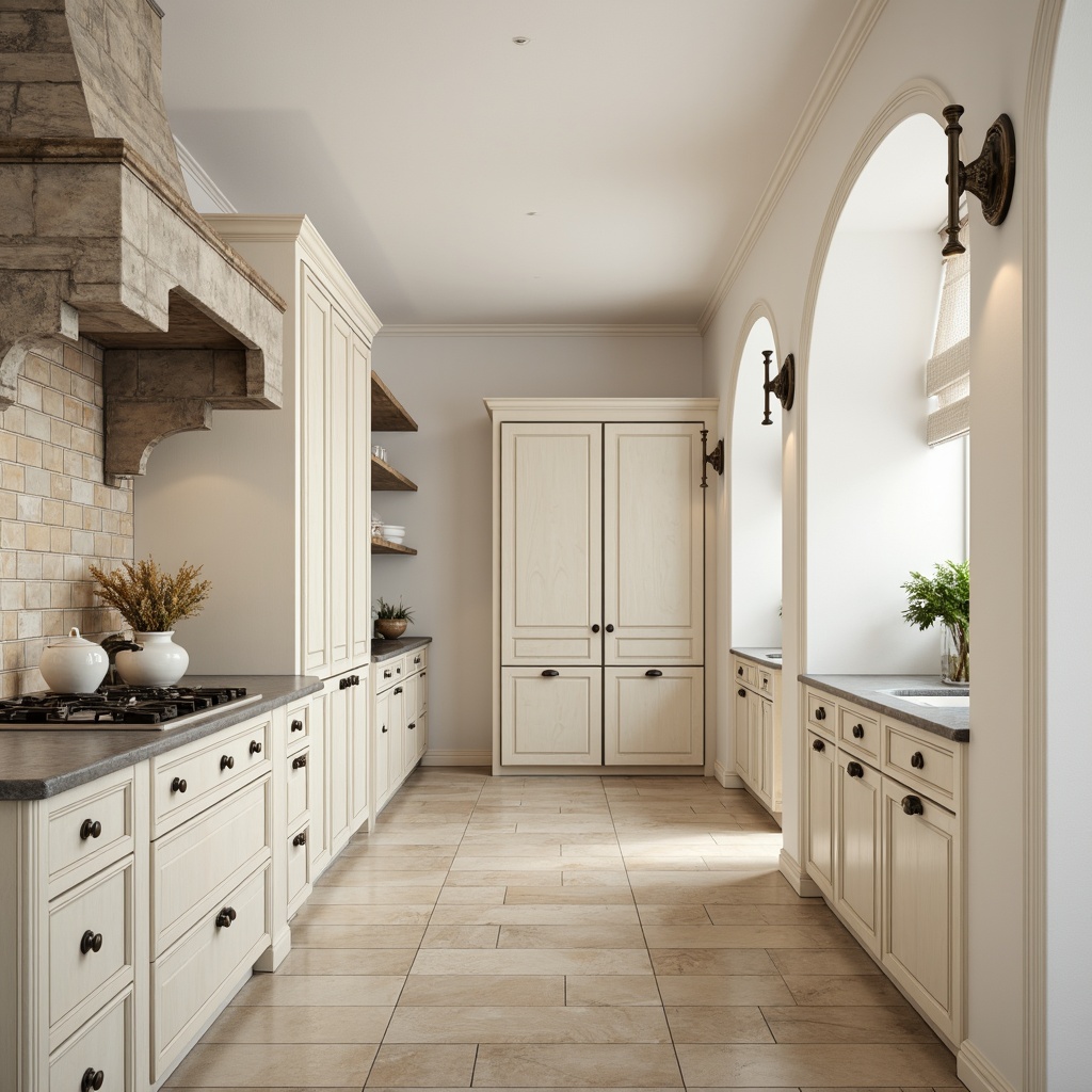 Prompt: Creamy white walls, warm beige floors, soft grey countertops, distressed wood cabinets, ornate metal hardware, vintage-inspired lighting fixtures, classic ceramic tiles, subtle texture variations, natural stone accents, gentle curve lines, traditional architectural details, elegant simplicity, calm atmosphere, softbox lighting, shallow depth of field, 1/1 composition, realistic render.