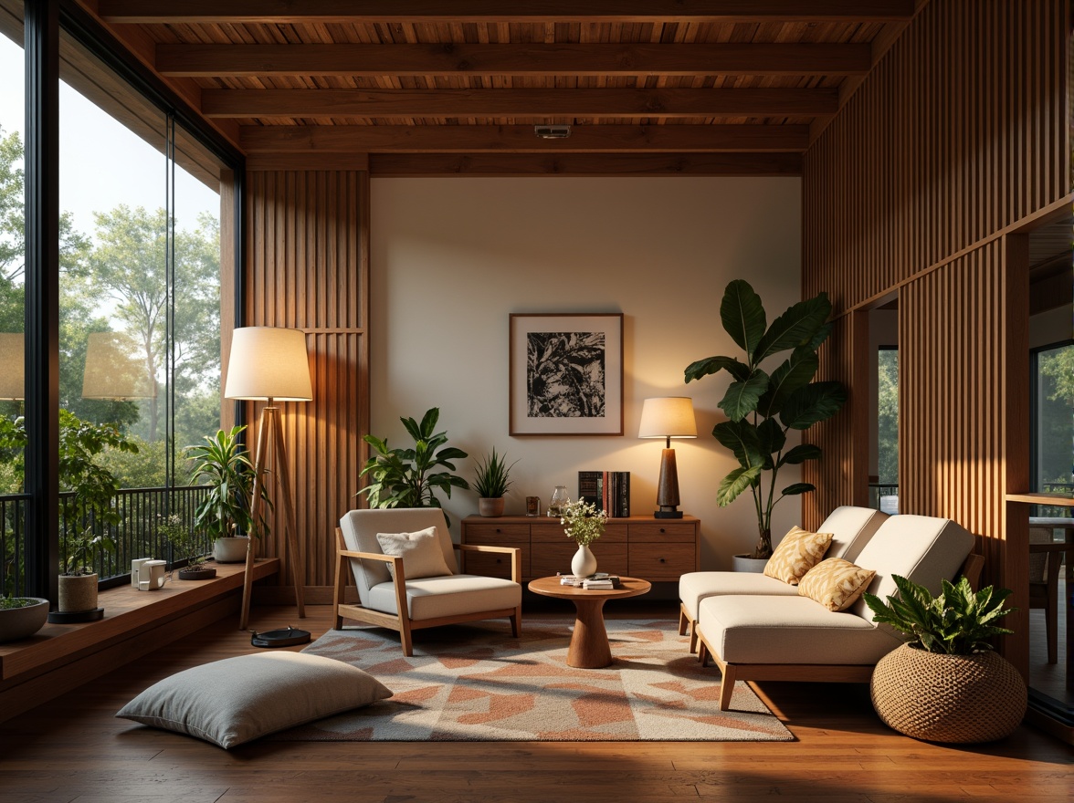 Prompt: Mid-century modern living room, warm ambient lighting, table lamps, floor lamps, pendant lights, natural materials, wood accents, earthy tones, comfortable furniture, geometric patterns, vintage decorative items, greenery, lush plants, softbox lighting, shallow depth of field, 1/1 composition, realistic textures, ambient occlusion.