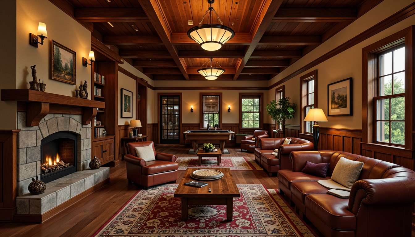 Prompt: Cozy game room, rich wood tones, warm lighting, plush armchairs, wooden coffee tables, vintage rugs, earthy colors, leather upholstery, ornate metal fixtures, stone fireplaces, wooden wall paneling, Craftsman-style decorative trims, comfortable sectionals, rustic wooden shelves, classic board games, nostalgic ambiance, soft box lighting, 1/2 composition, realistic wood textures, warm color palette.