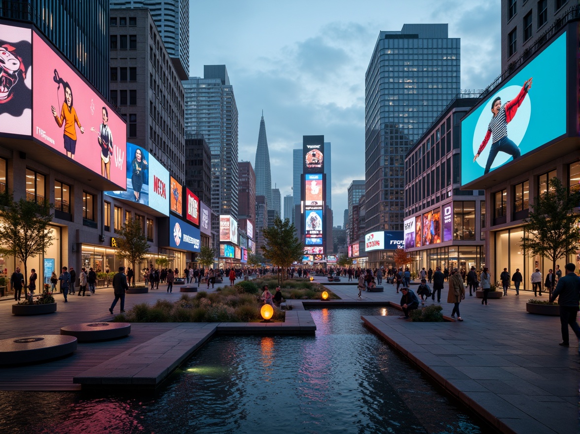 Prompt: Vibrant cityscape, bustling streets, modern skyscrapers, neon lights, giant video screens, pedestrian walkways, urban furniture, abstract sculptures, dynamic water features, rooftop gardens, eclectic street art, contrasting textures, bold color schemes, dramatic lighting effects, atmospheric fog, shallow depth of field, 2/3 composition, cinematic angles, high-contrast imagery.