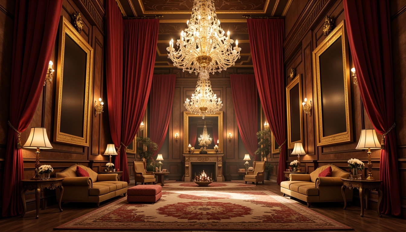 Prompt: Rich velvet drapes, ornate gold frames, majestic crystal chandeliers, warm golden lighting, soft candlelight, dramatic shadows, luxurious fabrics, intricate carvings, ornamental mirrors, lavish furnishings, regal atmosphere, grandiose architecture, high ceilings, sweeping archways, opulent decorations, intense color palette, rich wood tones, elaborate patterns, subtle smoke effects, cinematic composition, low-key lighting, warm color temperature.