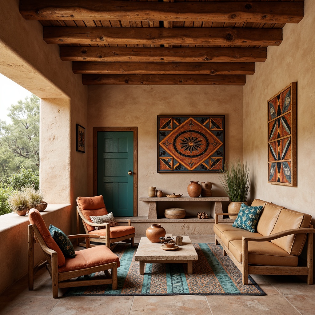 Prompt: Earthy adobe walls, rustic wooden beams, vibrant turquoise accents, woven Native American patterns, natural stone flooring, rough-hewn wooden furniture, colorful hand-woven textiles, geometric tile work, warm terracotta pottery, distressed leather upholstery, vintage southwestern artwork, earthy ceramic vases, warm desert-inspired color palette, soft ambient lighting, 1/2 composition, shallow depth of field, realistic textures.