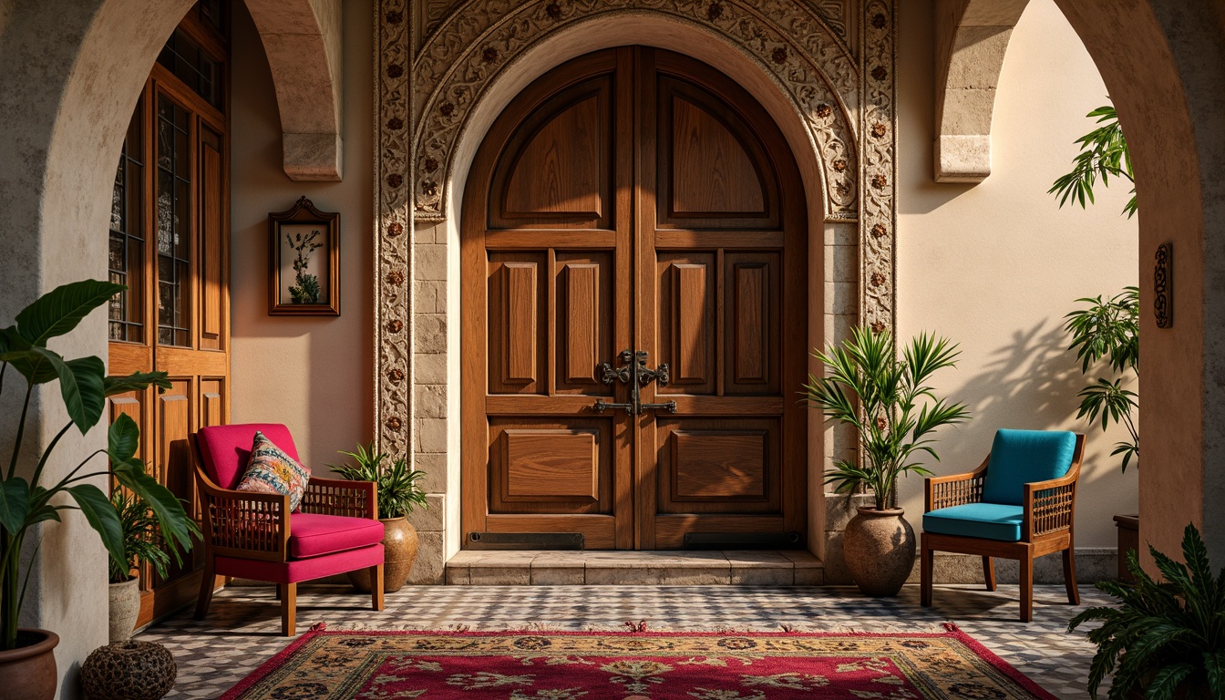 Prompt: Vibrant eclectic entrance, distressed wooden doors, ornate metal hinges, rustic bronze door handles, intricately carved stone walls, mosaic tile floors, colorful Moroccan-inspired tiles, plush velvet upholstery, richly patterned rugs, antique furniture pieces, vintage decorative items, warm golden lighting, soft focus, shallow depth of field, 1/2 composition, realistic textures, ambient occlusion.