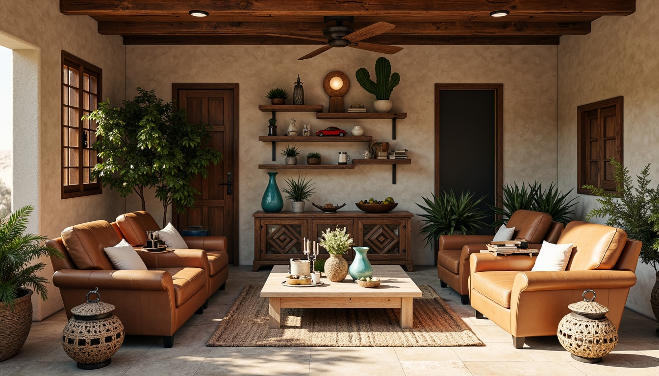 Prompt: Rustic garage interior, southwestern family theme, distressed wood accents, vintage automotive decorations, earthy color palette, leather-upholstered armchairs, woven wicker coffee tables, turquoise glass vases, cactus-shaped planters, reclaimed wooden shelving units, metal lanterns with Southwestern patterns, warm beige stone flooring, natural fiber area rugs, cozy throw blankets, sunny afternoon lighting, soft focus photography, 1/1 composition, inviting atmosphere.