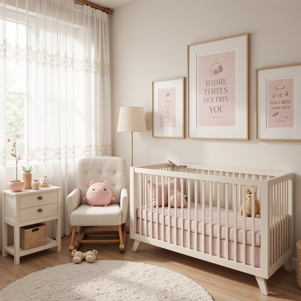 Prompt: Soft pastel colors, gentle drapery, sheer curtains, delicate lace trim, floral patterns, subtle texture, natural light filtering, warm cozy ambiance, baby-themed wall art, adorable crib, plush toys, comfortable glider, soothing color palette, whimsical mobiles, sweet nursery rhyme quotes, playful polka dots, creamy white furniture, soft pink accents, gentle morning sunlight, shallow depth of field, 1/1 composition, realistic fabrics, ambient occlusion.