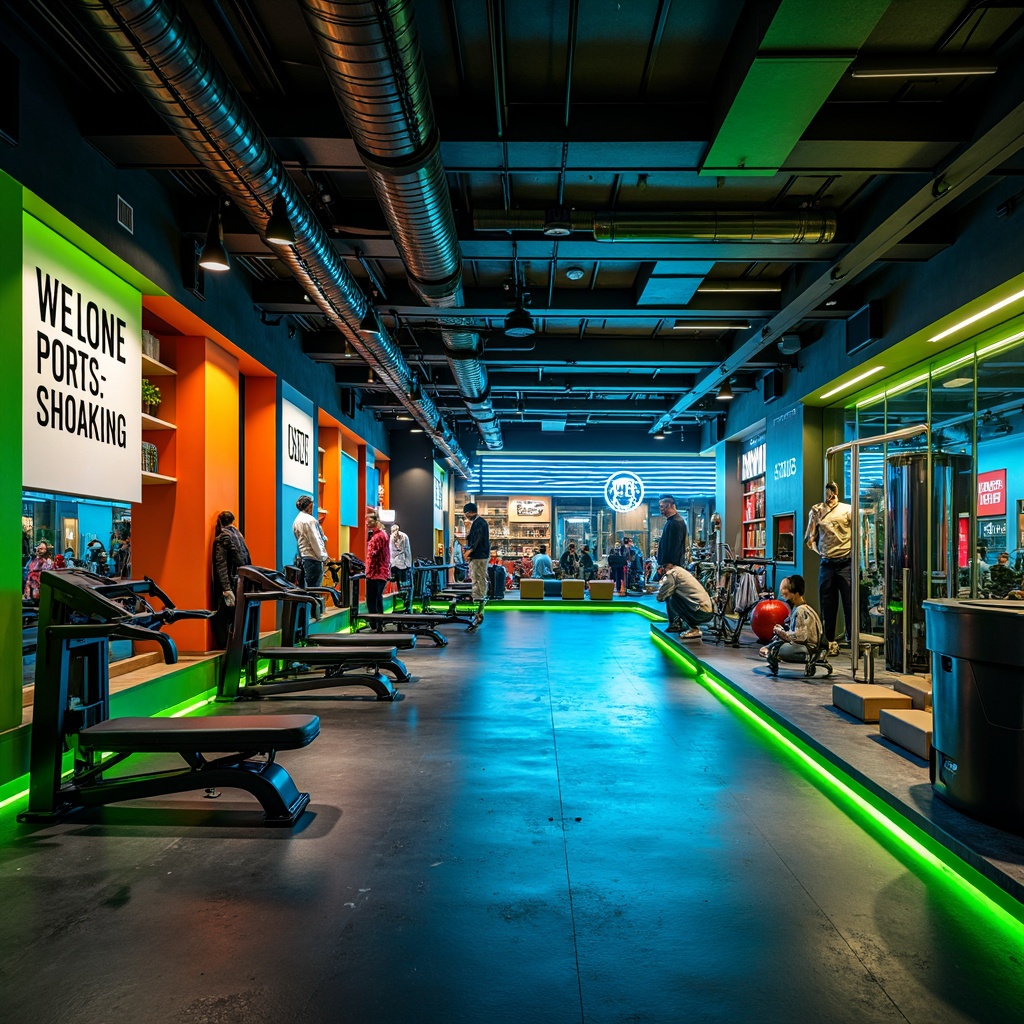 Prompt: Vibrant fitness club, energetic atmosphere, bold color scheme, neon green accents, deep blue tones, dynamic orange hues, motivational quotes, sleek modern equipment, polished metal surfaces, industrial-style lighting, high-ceiling interior, urban loft design, natural stone flooring, mirrored walls, athletic wear displays, trendy geometric patterns, abstract art pieces, futuristic LED lights, pulsing strobe lights, high-contrast photography, shallow depth of field, 2/3 composition, cinematic color grading.