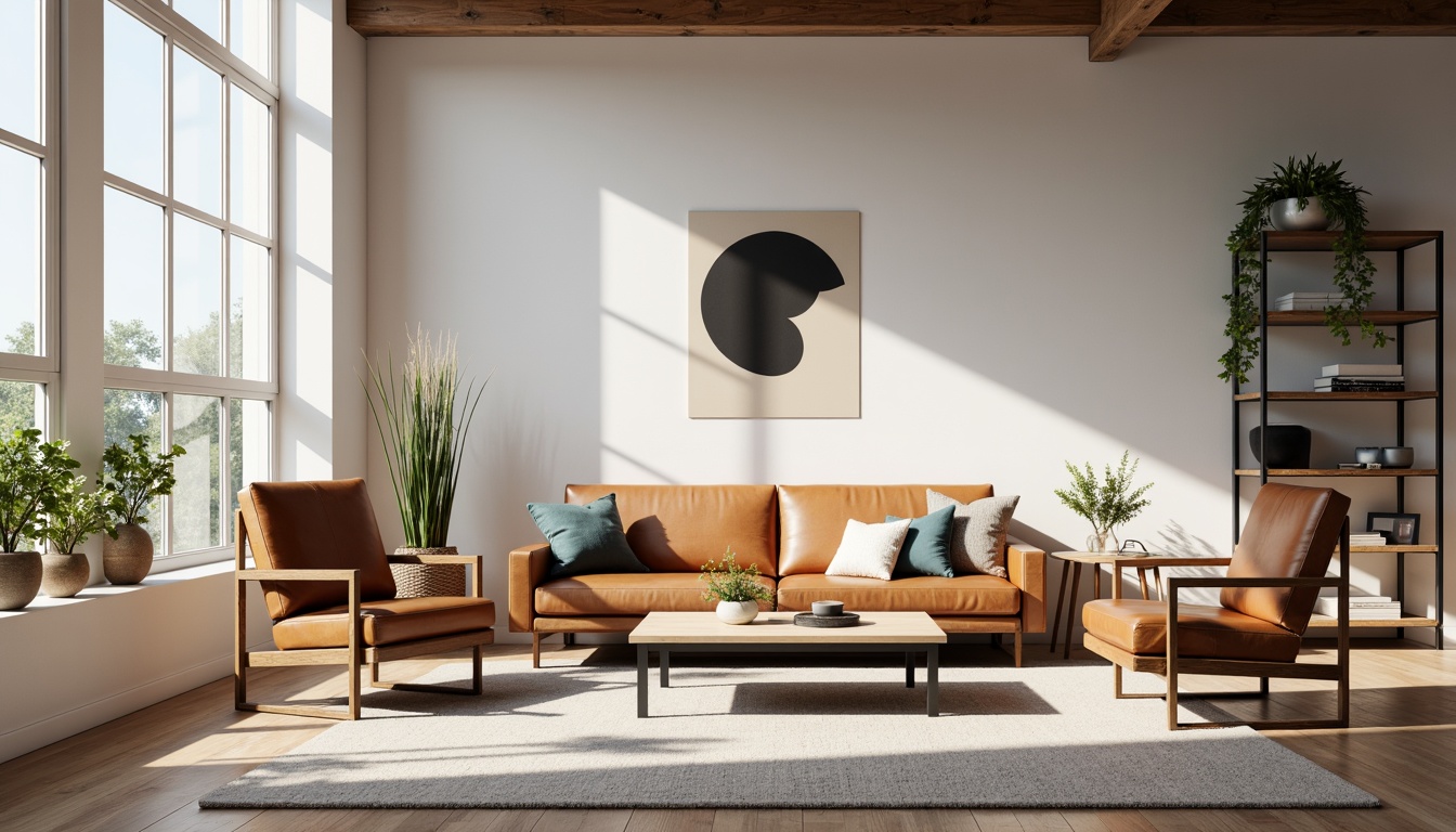 Prompt: Minimalist living room, industrial chic, clean lines, geometric shapes, primary colors, functional simplicity, tubular steel frames, leather upholstery, wooden accents, minimalist decor, abstract artwork, natural light, soft shadows, shallow depth of field, 1/1 composition, realistic textures, ambient occlusion.