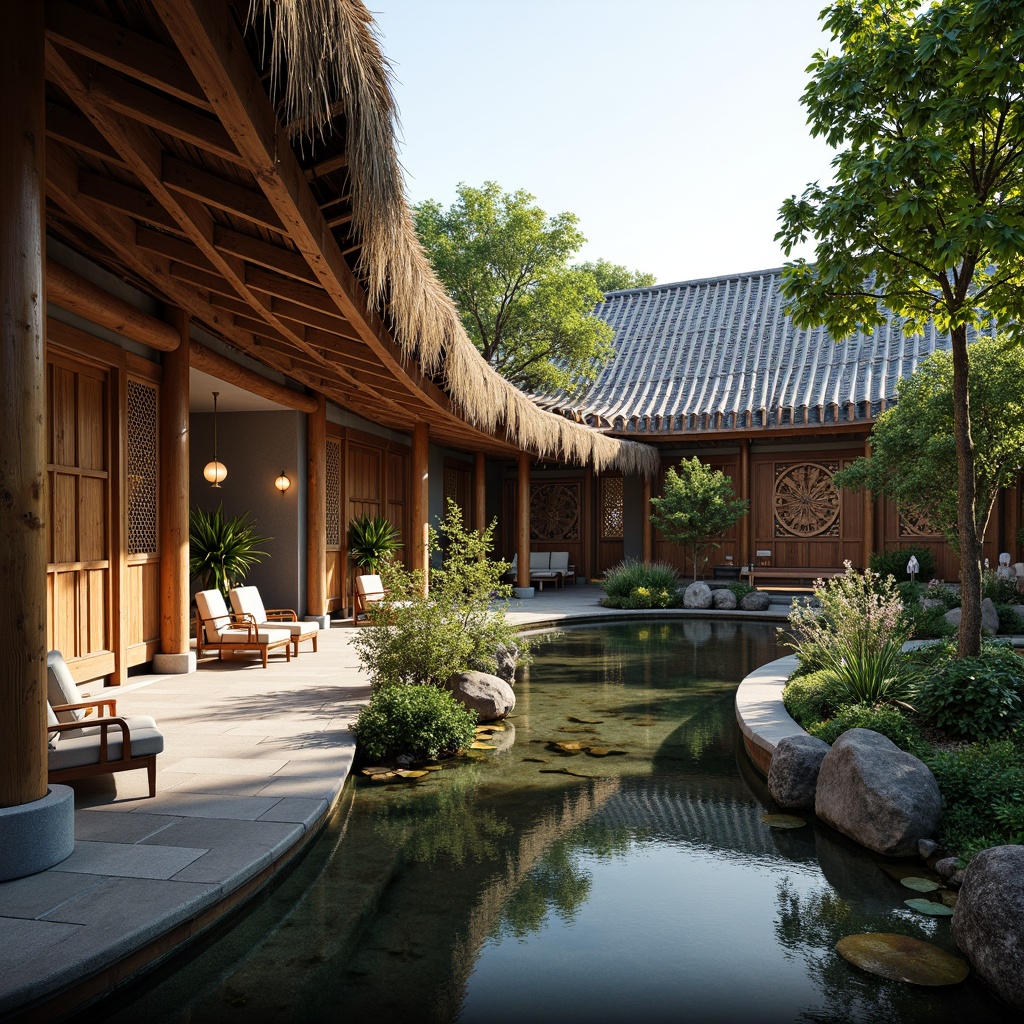 Prompt: Traditional Asian-style visual arts center, curved tiled roofs, natural brown thatch, rustic wooden accents, serene water features, lush greenery, vibrant flowers, peaceful koi ponds, intricately carved wooden doors, paper lanterns, soft warm lighting, shallow depth of field, 1/2 composition, realistic textures, ambient occlusion.