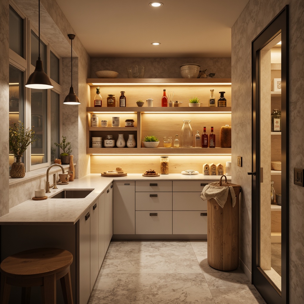 Prompt: Cozy pantry, warm soft lighting, LED strips under shelves, recessed ceiling lights, pendant lamps, matte white cabinets, chrome hardware, marble countertops, natural stone flooring, ambient shadows, subtle color temperature, 1/1 composition, shallow depth of field, realistic textures.