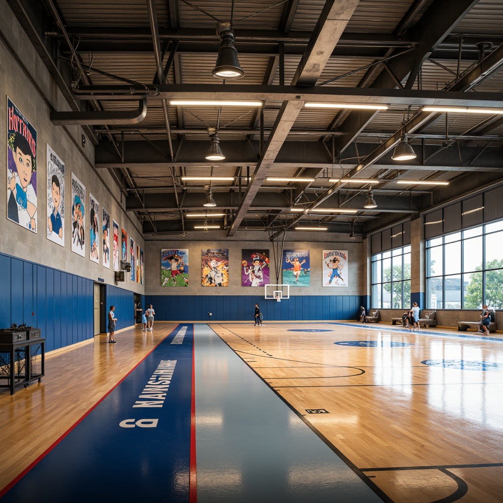 Prompt: Streamlined gymnasium, modern minimalist style, polished concrete floors, reflective epoxy coatings, high-gloss polyurethane finishes, rubber athletic tracks, sports-themed murals, dynamic color schemes, bold typography, sleek metallic accents, industrial-chic lighting fixtures, exposed ductwork, open ceilings, spacious airy atmosphere, natural daylight, soft warm ambient lighting, 1/1 composition, shallow depth of field, realistic textures, ambient occlusion.