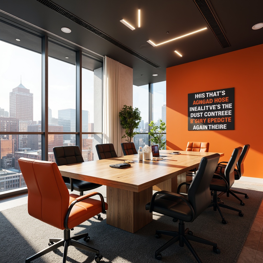 Prompt: Vibrant business conference room, bold corporate colors, contrasting neutral tones, motivational quotes, sleek modern furniture, polished wooden tables, high-tech gadgets, large windows, urban cityscape views, morning sunlight, soft natural lighting, shallow depth of field, 2/3 composition, realistic textures, ambient occlusion.