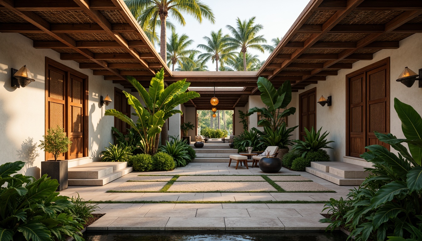 Prompt: Tropical monastery, natural stone walls, wooden accents, woven bamboo roofs, lush greenery, exotic plants, intricately carved wooden doors, rustic metal lanterns, earthy color palette, warm ambient lighting, soft diffused shadows, 1/1 composition, symmetrical architecture, serene atmosphere, misty morning light, gentle ocean breeze, calming sound of water features.