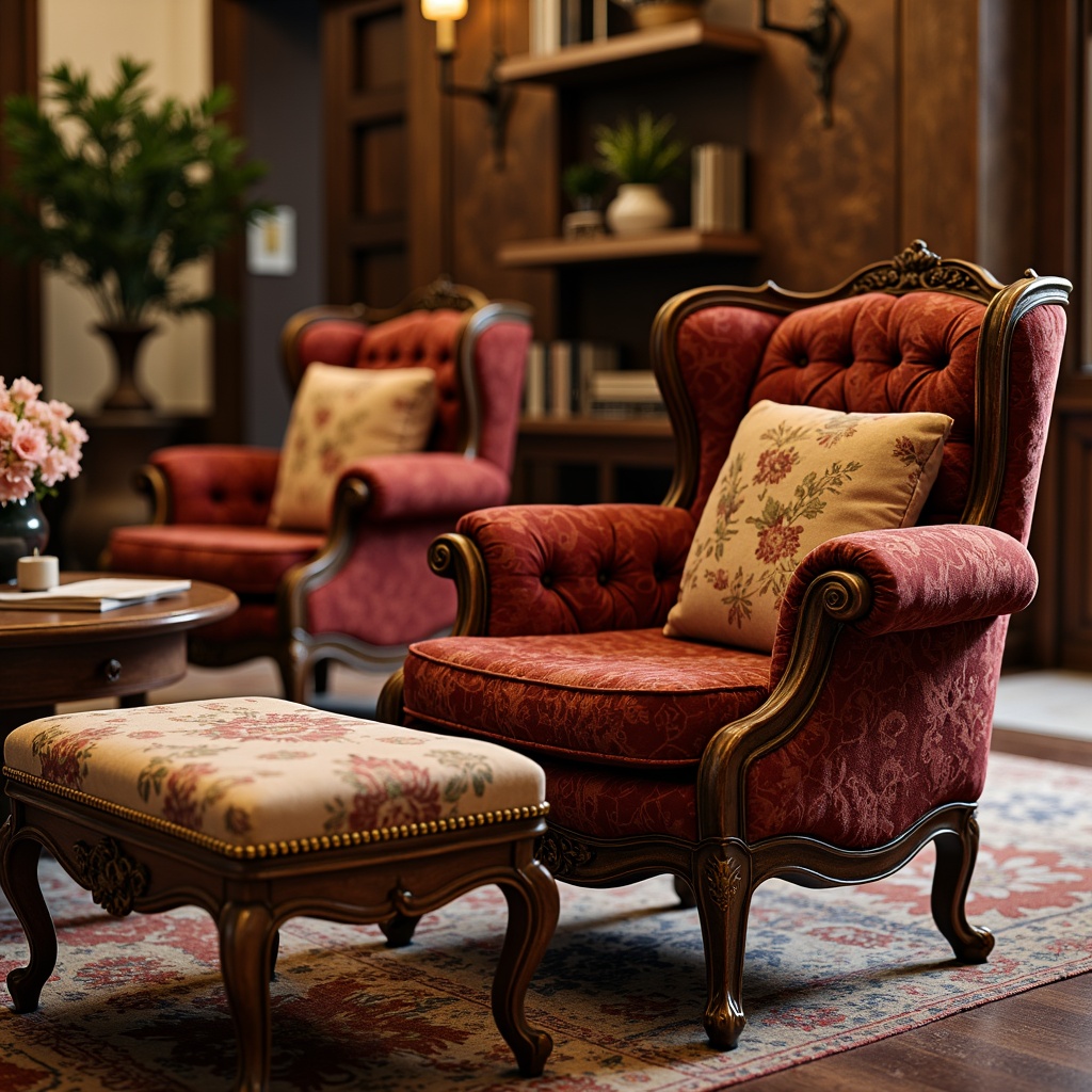 Prompt: Ornate armchairs, velvet upholstery, intricate carvings, curved wooden legs, tufted ottomans, rich mahogany wood, plush cushions, golden tassels, luxurious fabrics, ornamental buttons, studded patterns, classic rolled arms, floral motifs, soft warm lighting, shallow depth of field, 2/3 composition, realistic textures, ambient occlusion.