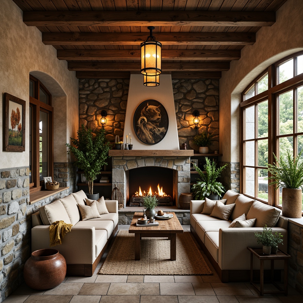 Prompt: Rustic interior, earthy tones, weathered wood accents, natural stone walls, vintage metal decor, distressed leather furniture, warm candlelight, soft beige upholstery, woven textiles, organic patterns, muted greenery, moss-covered stones, wooden beams, cozy fireplaces, rich brown colors, creamy whites, aged copper fixtures, rough-hewn wooden tables, nature-inspired artwork, warm golden lighting, shallow depth of field, 2/3 composition, realistic textures, ambient occlusion.