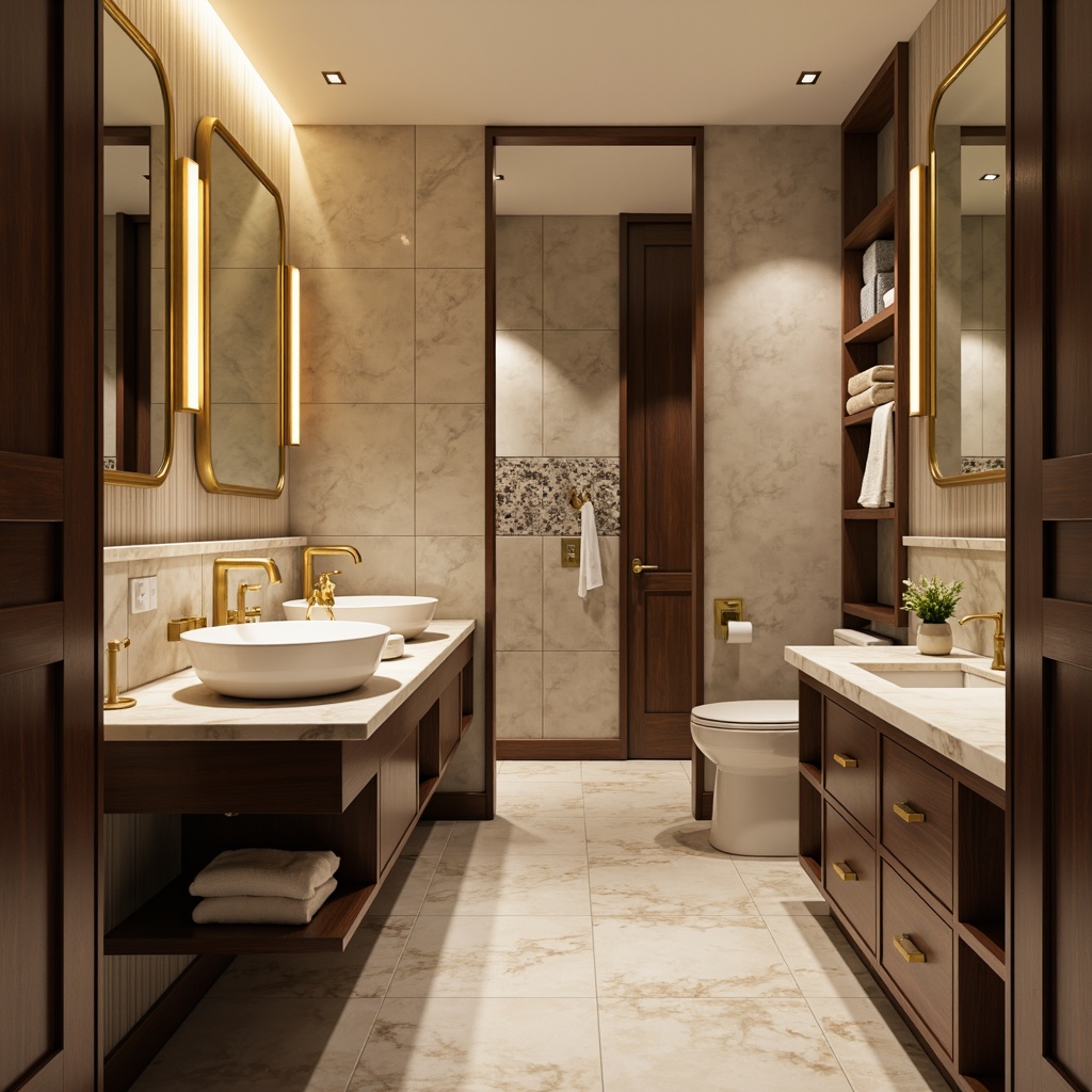 Prompt: Compact powder room, elegant mirrors, soft warm lighting, luxurious marble countertops, ornate golden fixtures, sleek cabinetry, spacious storage units, porcelain sinks, modern faucets, decorative wallpaper, subtle textures, refined colors, minimal clutter, optimized spatial layout, functional workflow, ample counter space, recessed LED lighting, calming ambiance.