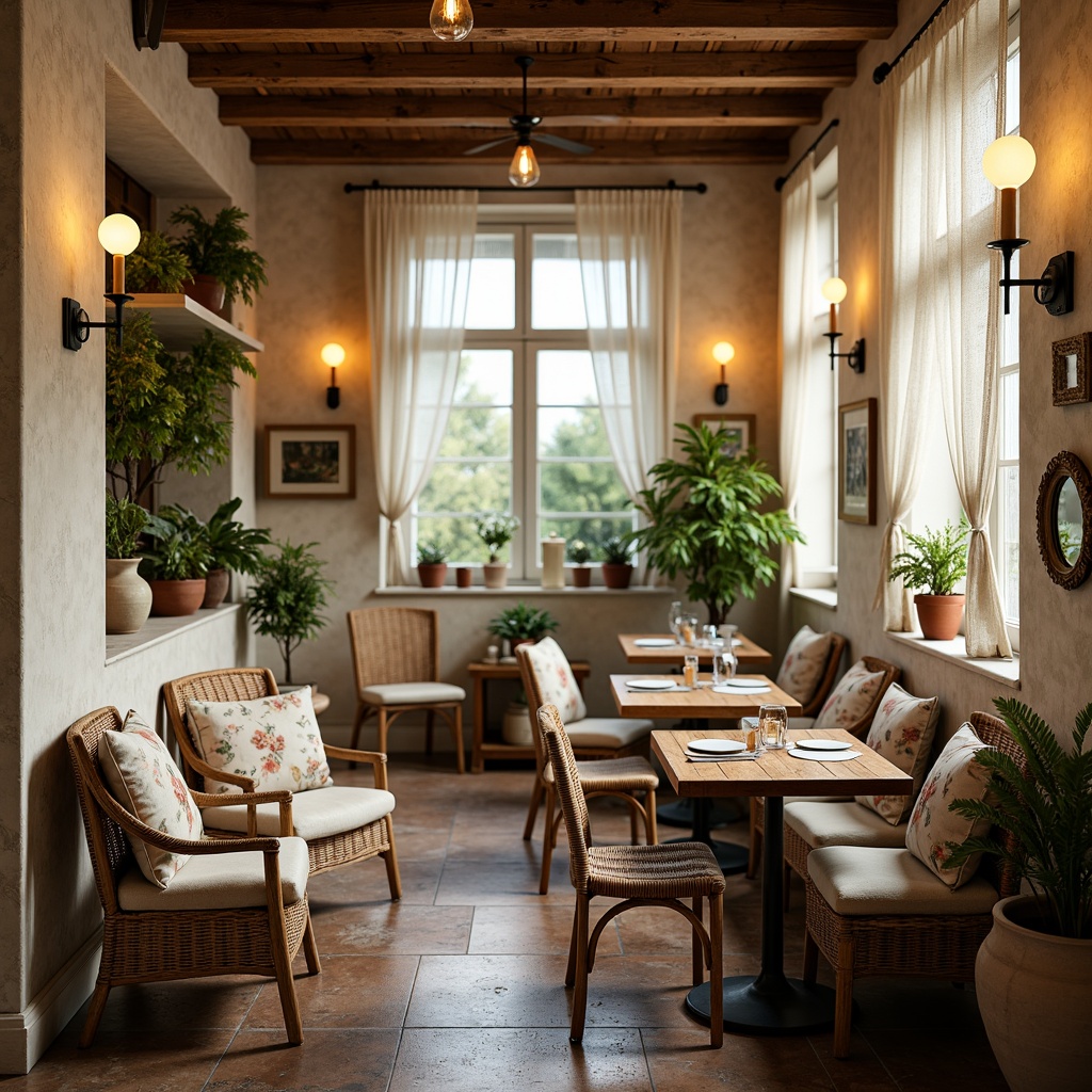 Prompt: Rustic breakfast nook, French country style, distressed wood tones, soft golden lighting, woven rattan chairs, plush cushions, vintage metal accents, ornate wooden tables, lace curtains, floral patterns, creamy whites, warm beige tones, natural stone flooring, earthy terracotta pots, lush greenery, delicate ceramics, antique utensils, soft focus, 1/2 composition, intimate atmosphere.