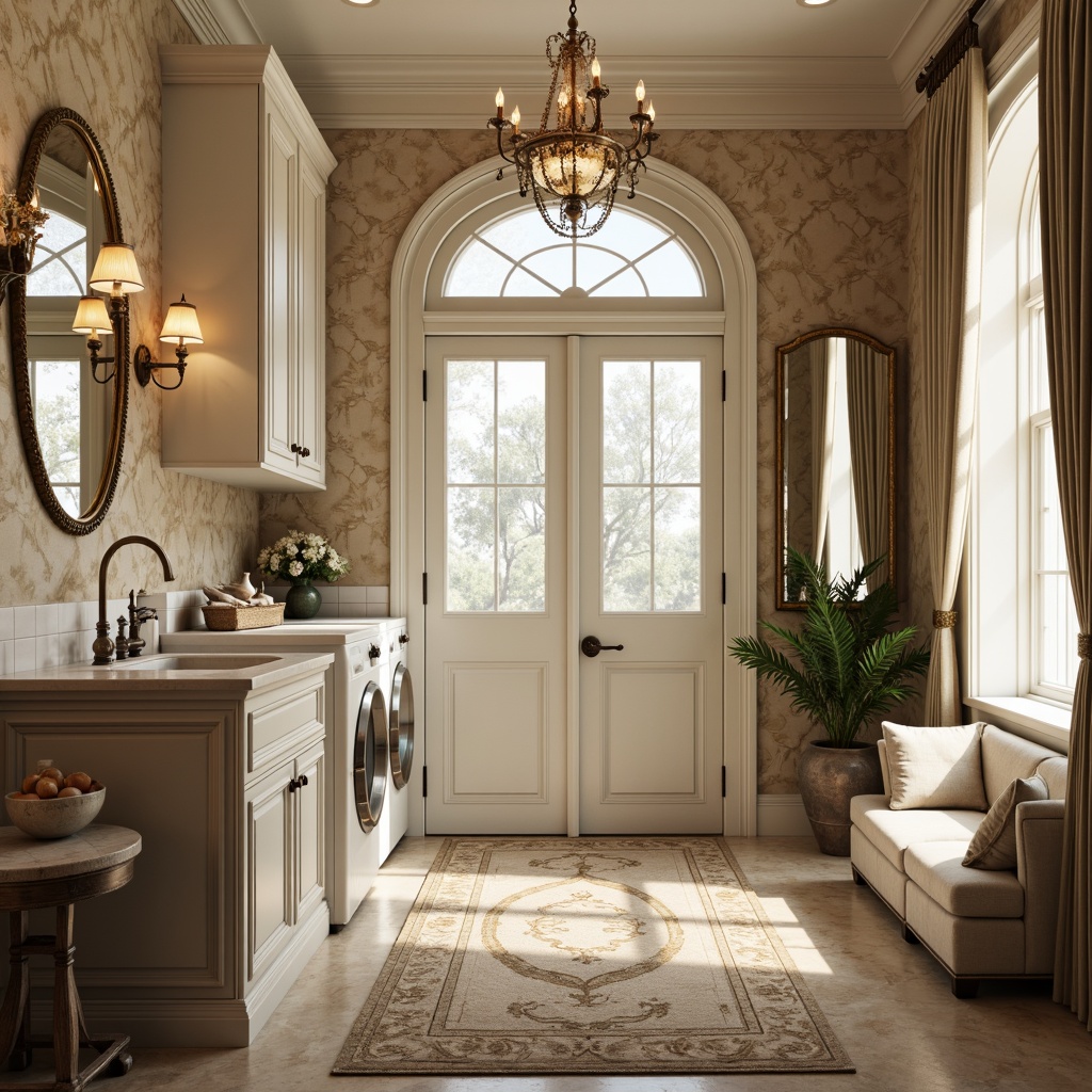 Prompt: Luxurious laundry room, soft warm lighting, elegant cabinetry, marble countertops, ornate mirrors, plush area rugs, creamy white walls, classic French doors, distressed wood accents, rich velvet drapes, intricate lace details, subtle floral patterns, calming beige tones, soft linen textures, delicate china decorations, ornamental vases, vintage laundry equipment, antique metal fixtures, warm beige stone floors, cozy reading nooks, serene ambiance, 3/4 composition, realistic reflections.