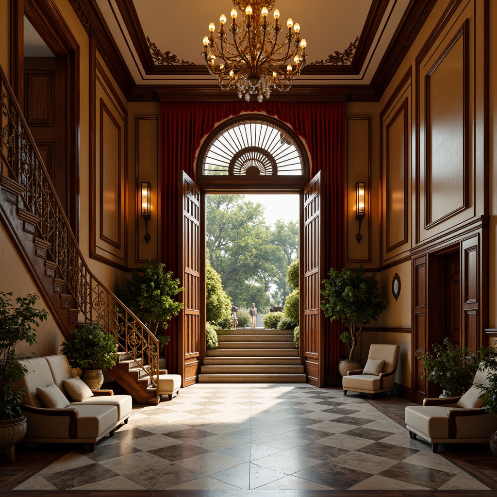 Prompt: Luxurious mansion, grand entrance hall, intricately carved wooden doors, ornate metalwork, gilded accents, lavish chandeliers, marble flooring, rich velvet drapes, majestic staircase, opulent furnishings, Baroque-inspired architecture, warm golden lighting, shallow depth of field, 1/1 composition, realistic textures, ambient occlusion.