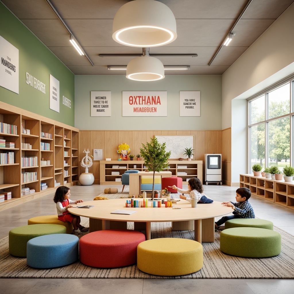 Prompt: Vibrant kindergarten interior, playful learning environment, rounded wooden tables, colorful stools, soft cushioned chairs, interactive play structures, sensory stimulation toys, educational wall graphics, child-friendly lighting, gentle color palette, eco-friendly materials, minimalist shelving units, curved bookshelves, cozy reading nooks, collaborative workspace, inspiring quotes, natural wood accents, stimulating textures, shallow depth of field, 1/1 composition, softbox lighting, realistic fabrics.