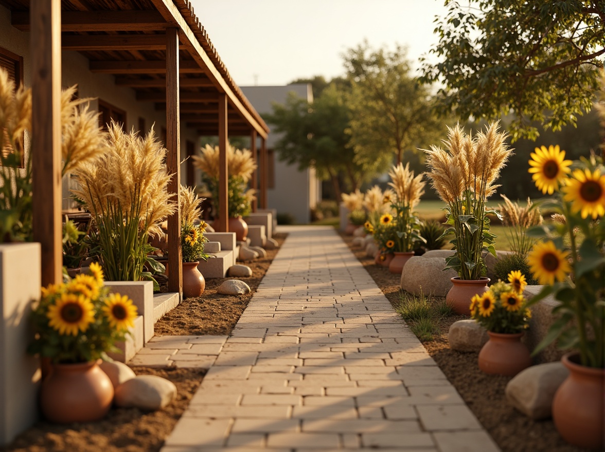 Prompt: Warm wheat fields, golden sunflowers, rustic farmhouses, earthy terracotta pots, natural stone pathways, soft beige sand, gentle cream accents, muted sage foliage, weathered wooden fences, cozy candlelit ambiance, warm afternoon sunlight, shallow depth of field, 2/3 composition, realistic textures, ambient occlusion.